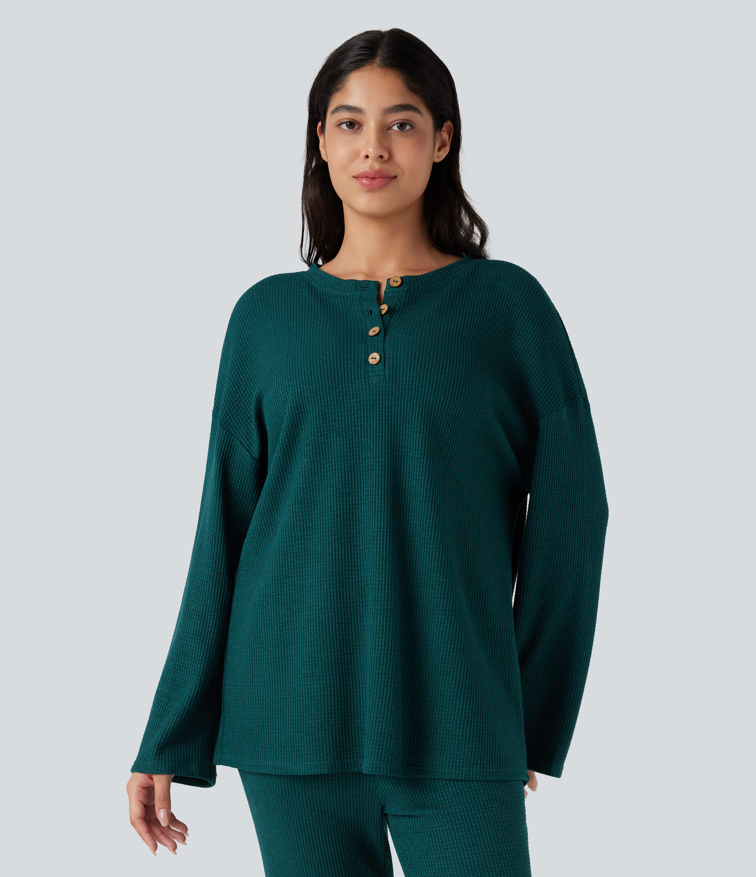 Henley-Kragen Langarm-Waffel-Lounge-Top