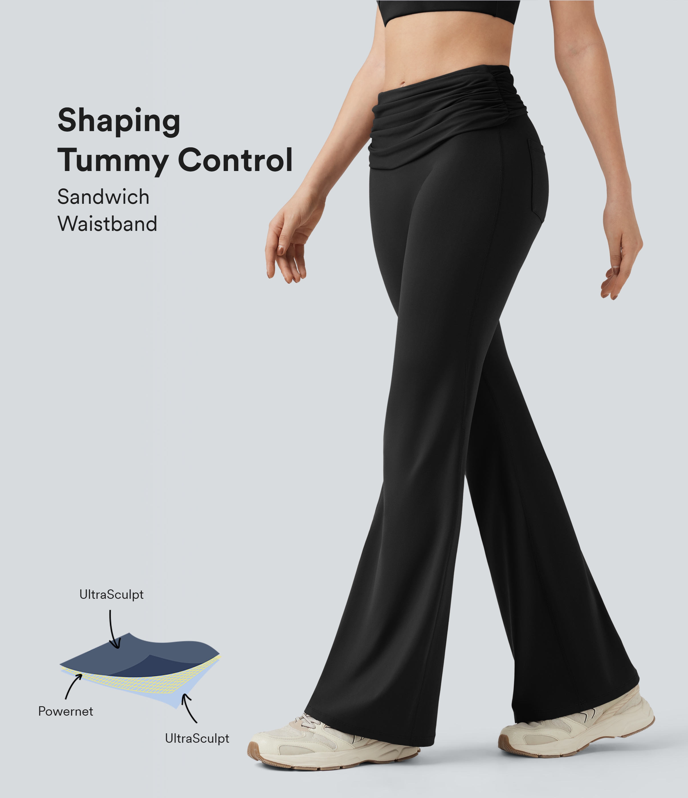 Черен Halara UltraSculpt™ SoCinched сгъваеми, с средна талия, с набирания за оформяне на корема, танцови bootcut клинове с джобове / 1