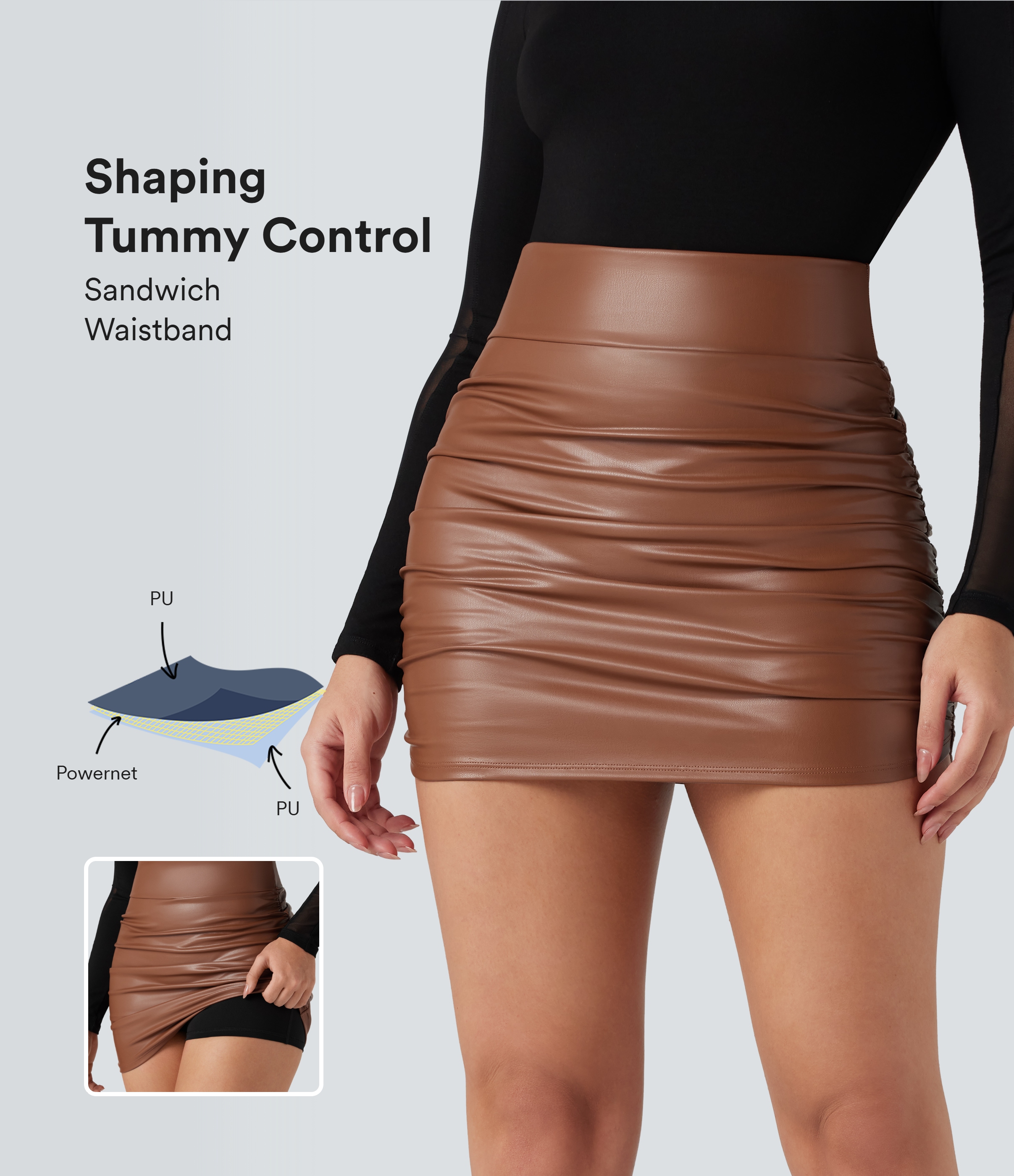 High Waisted Tummy Control Ruched Curved Hem 2-in-1 Fleece PU Mini Bodycon Skirt