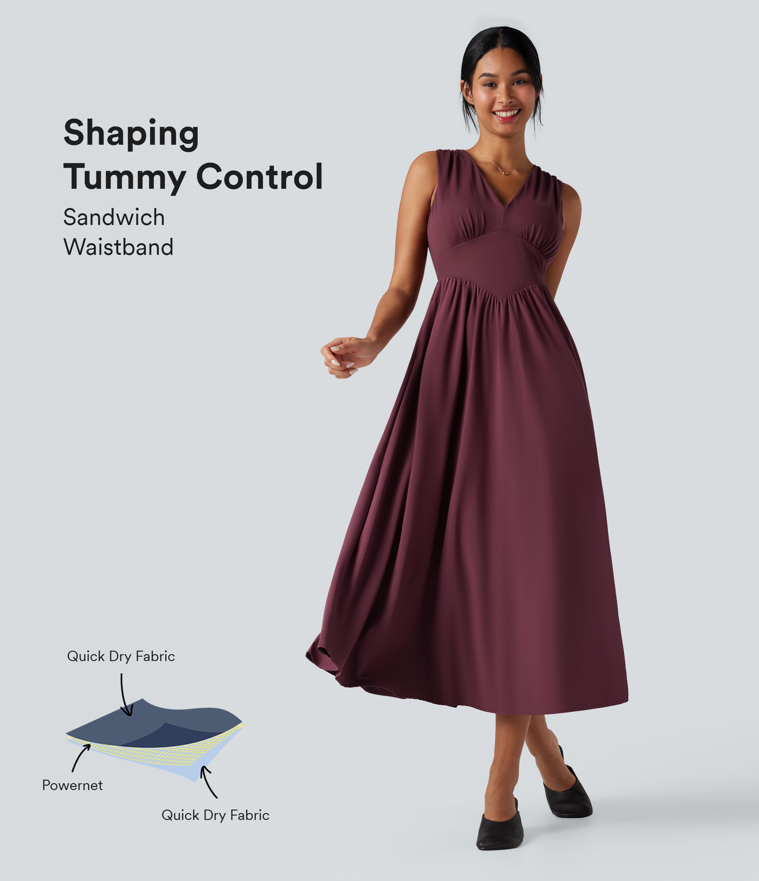 Robe mi-longue fluide décontractée gainante sans manches à décolleté en V profond et séchage rapide avec poches Breezeful™