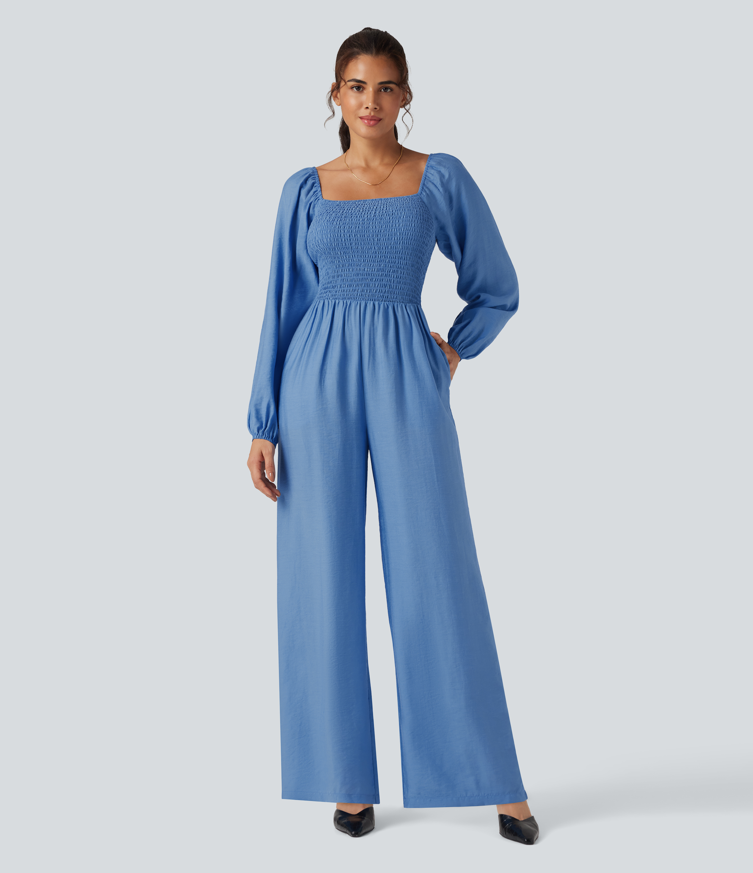 Square Neck Puff Long Sleeve Casual Work Jumpsuit with Pockets