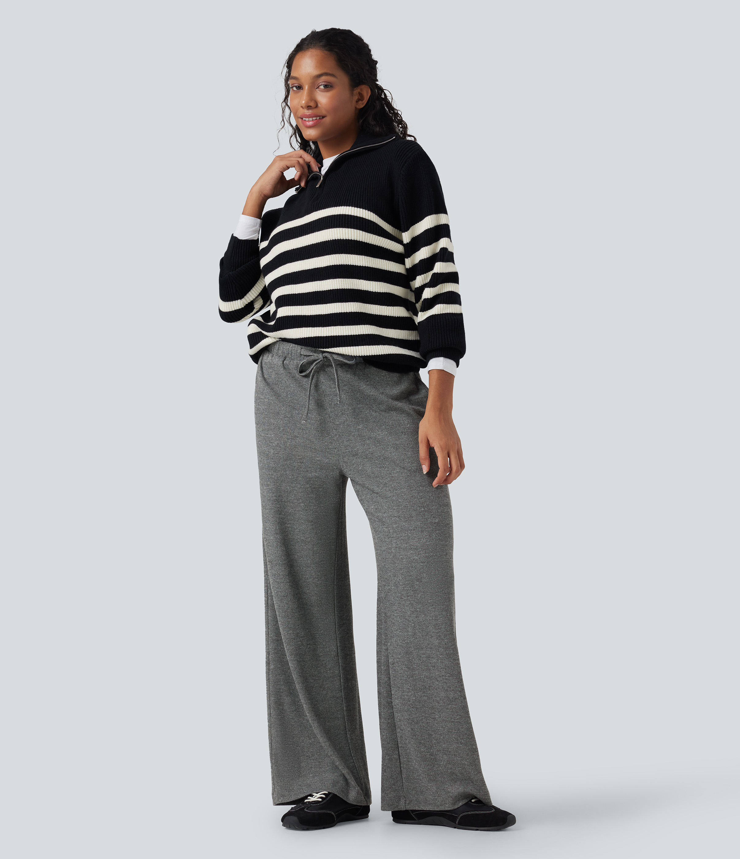 Dark Grey Ribbed Knit Low Rise Drawstring Casual Baggy Pants with Pockets / 1