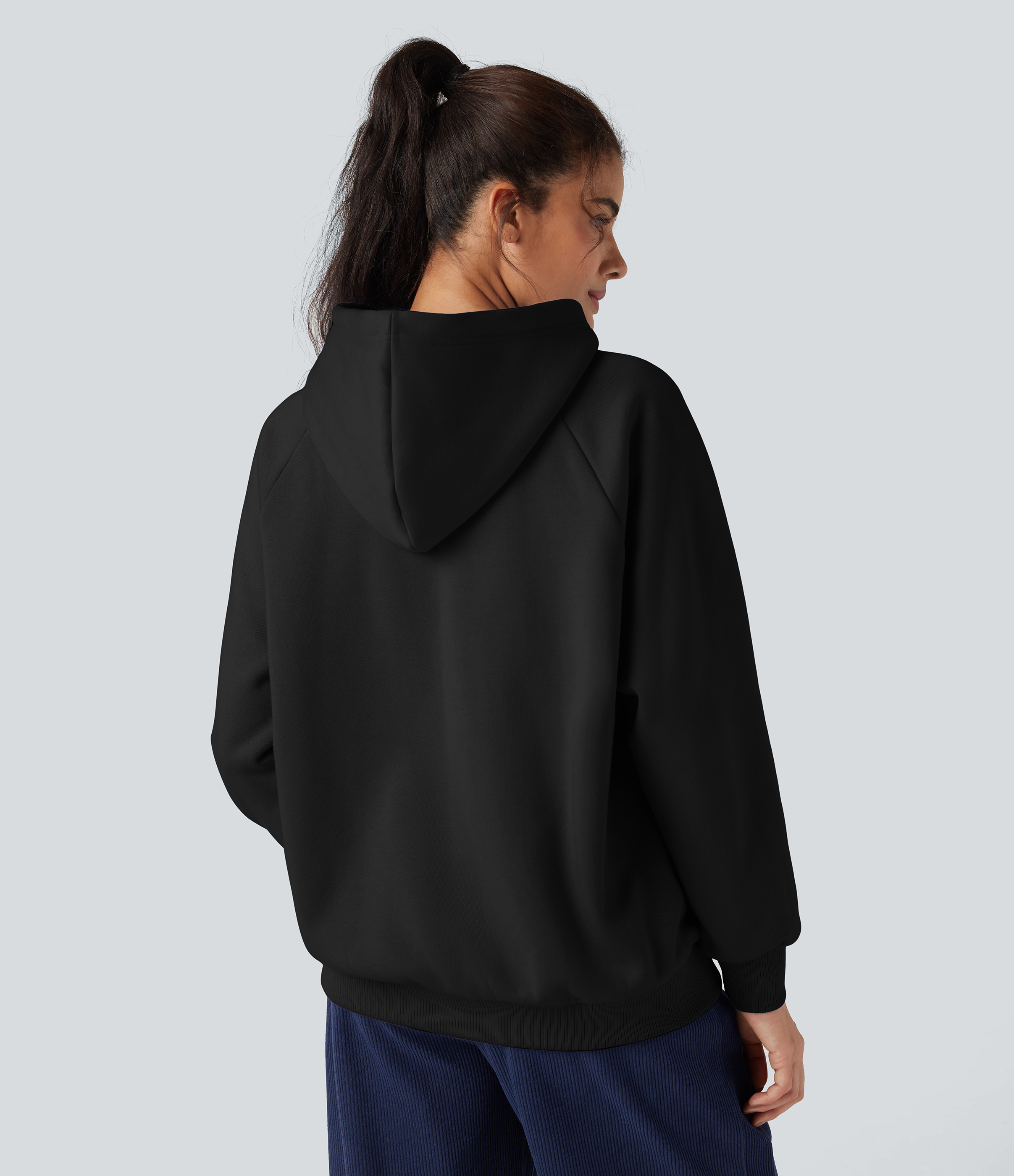 Black Sweat-shirt coton polaire à capuche cordon de serrage manches longues avec poches / 2