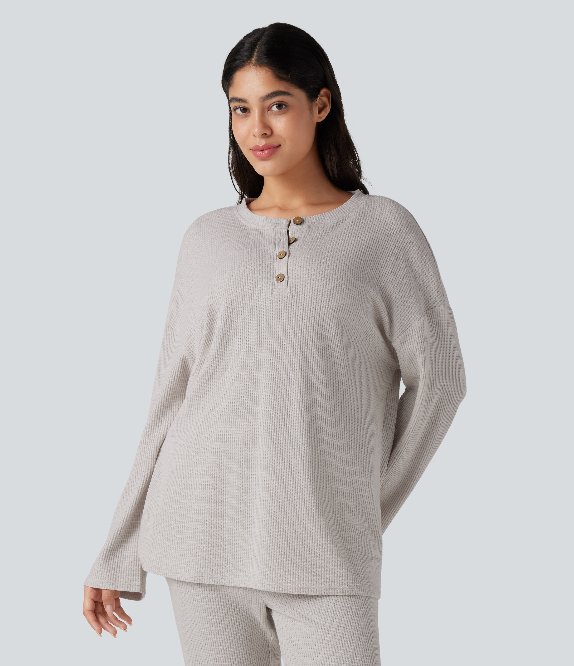 Henley Neck Long Sleeve Waffle Lounge Top