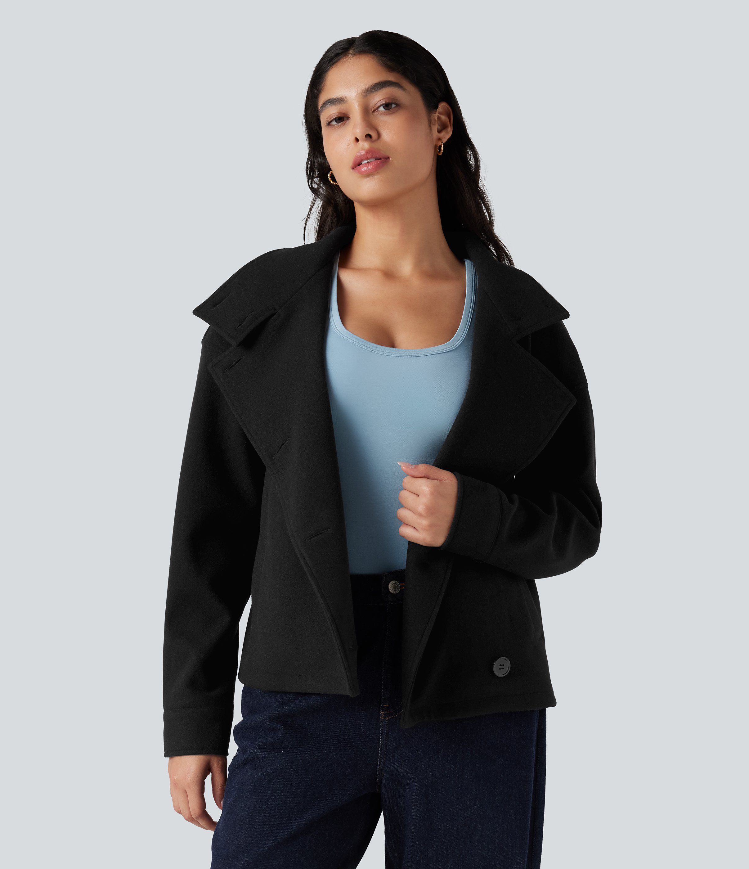 Manteau cape polaire court col tailleur manches longues avec poches