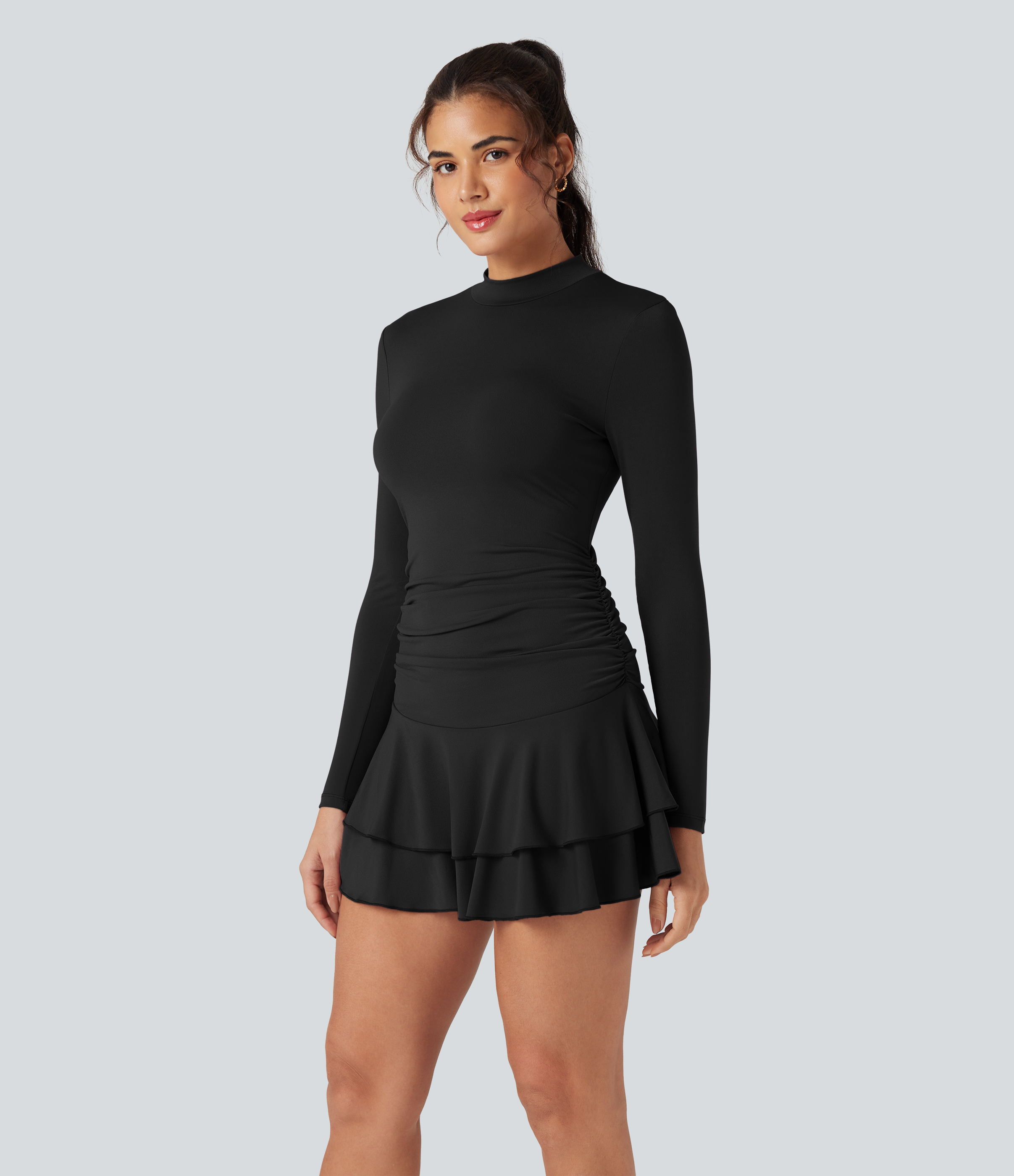 Mock-neck Long Sleeve Ruched Ruffle Tiered Hem Mini Casual Dress