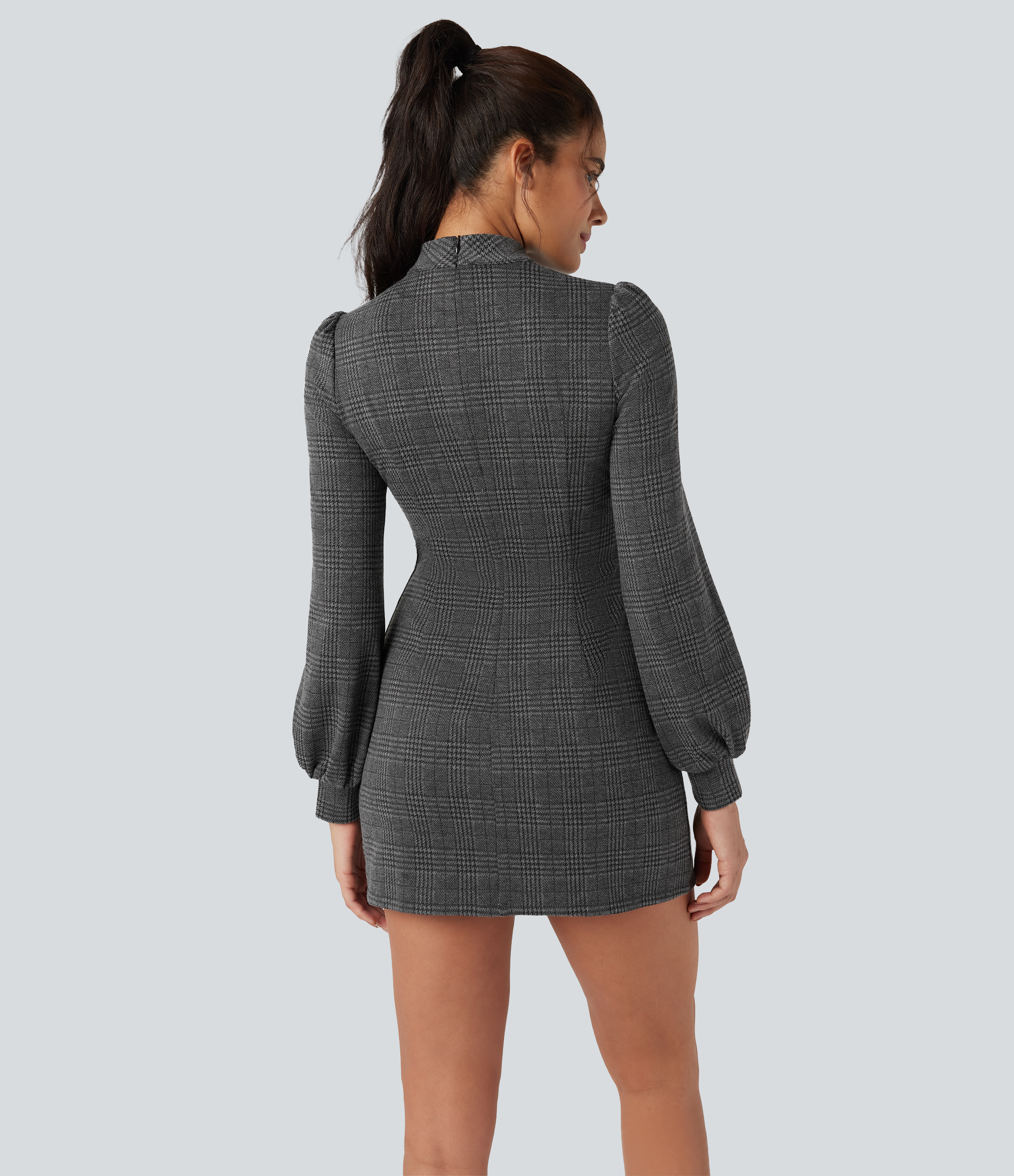 Charcoal Black Houndstooth Plaid Robe courte col montant manches longues pied-de-poule carreaux / 2
