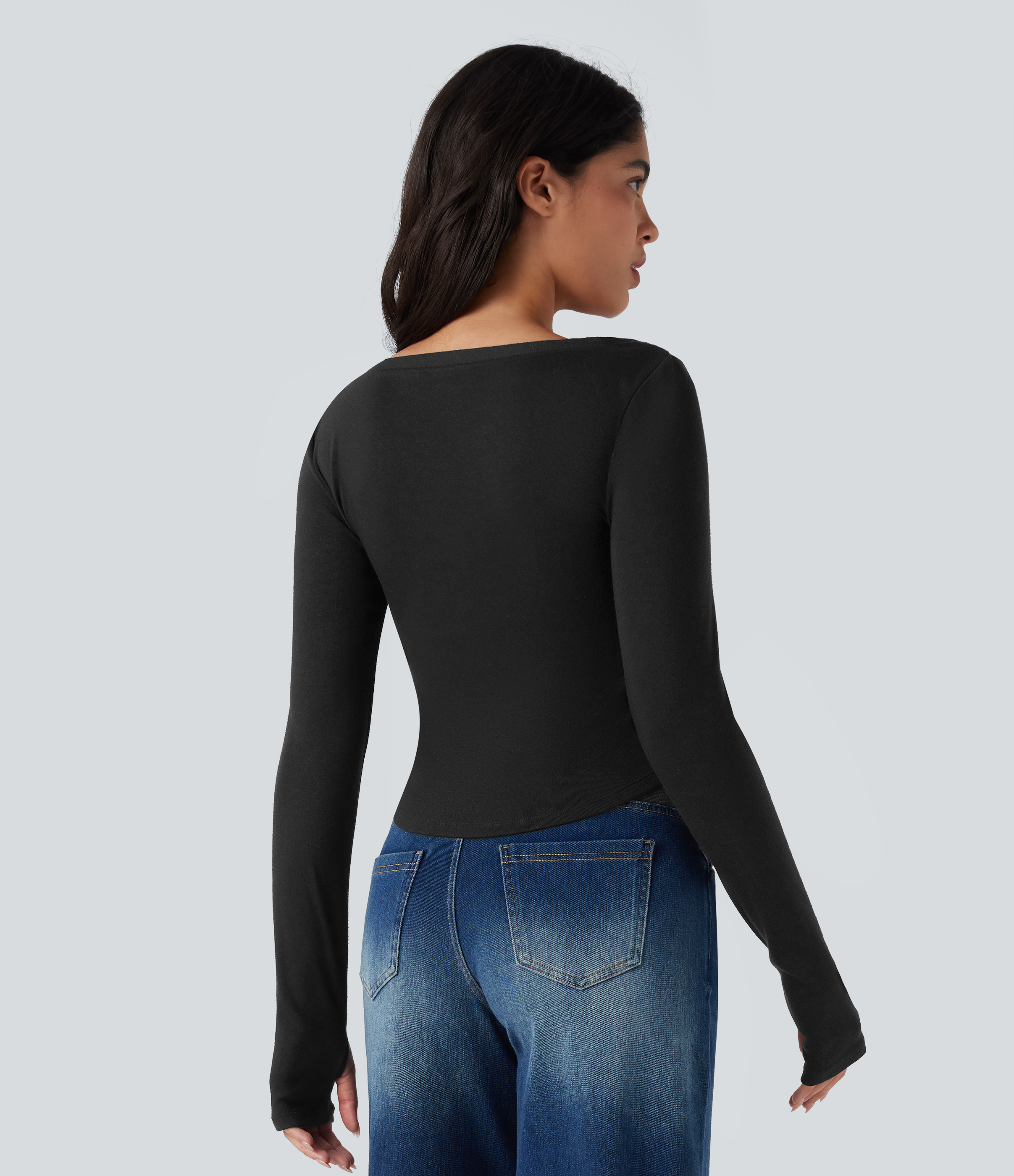 Black Sweetheart Neck Long Sleeve Thumb Hole Cropped Casual T-Shirt / 2