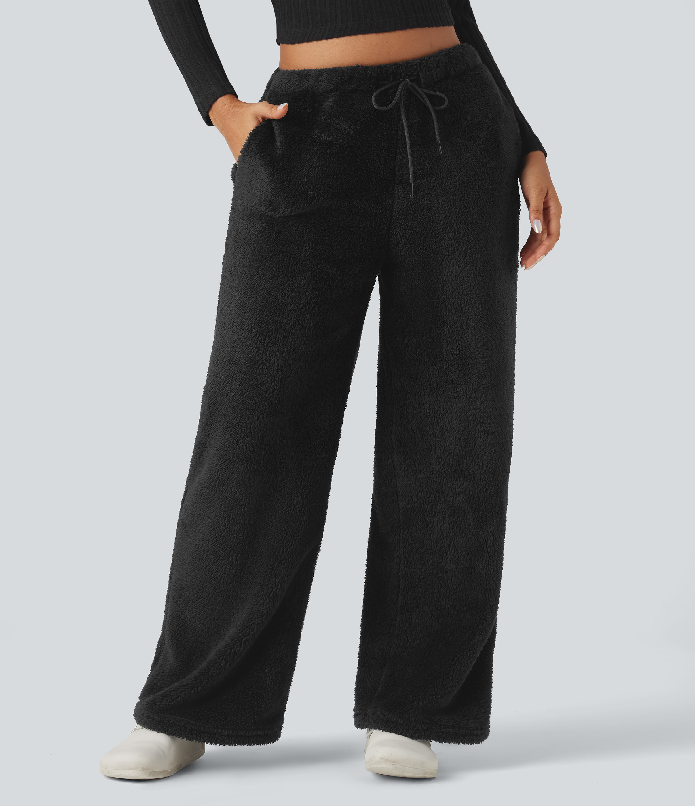 Schwarz Teddy-Freizeithose mit mittelhohem Bund, Seitentaschen, Kordelzug und geradem Bein / 2