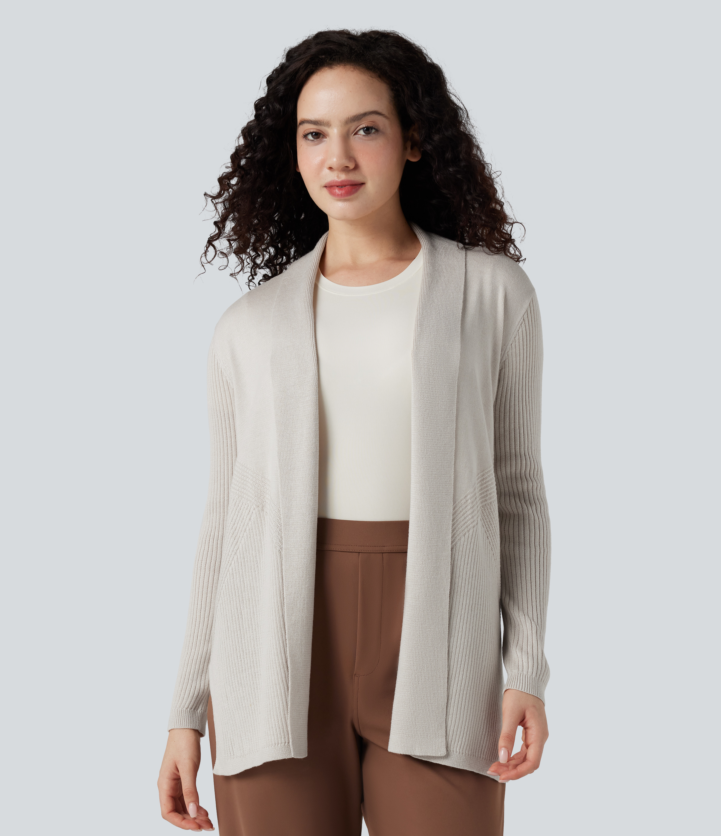 Vaporous Gray Cardigan col tailleur manches longues ourlet fendu / 1