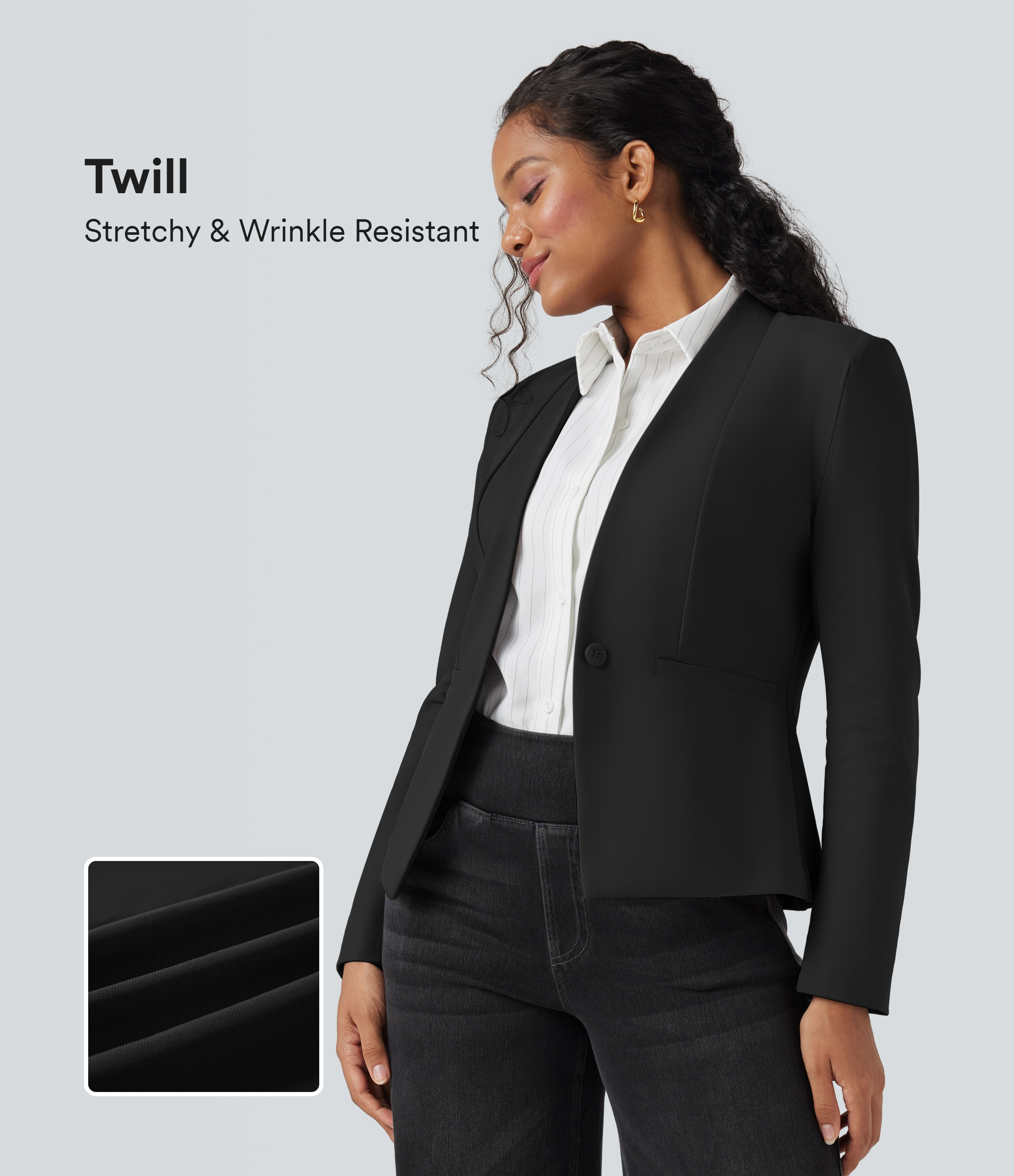 Long Sleeve Twill Slim Work Blazer with Pockets