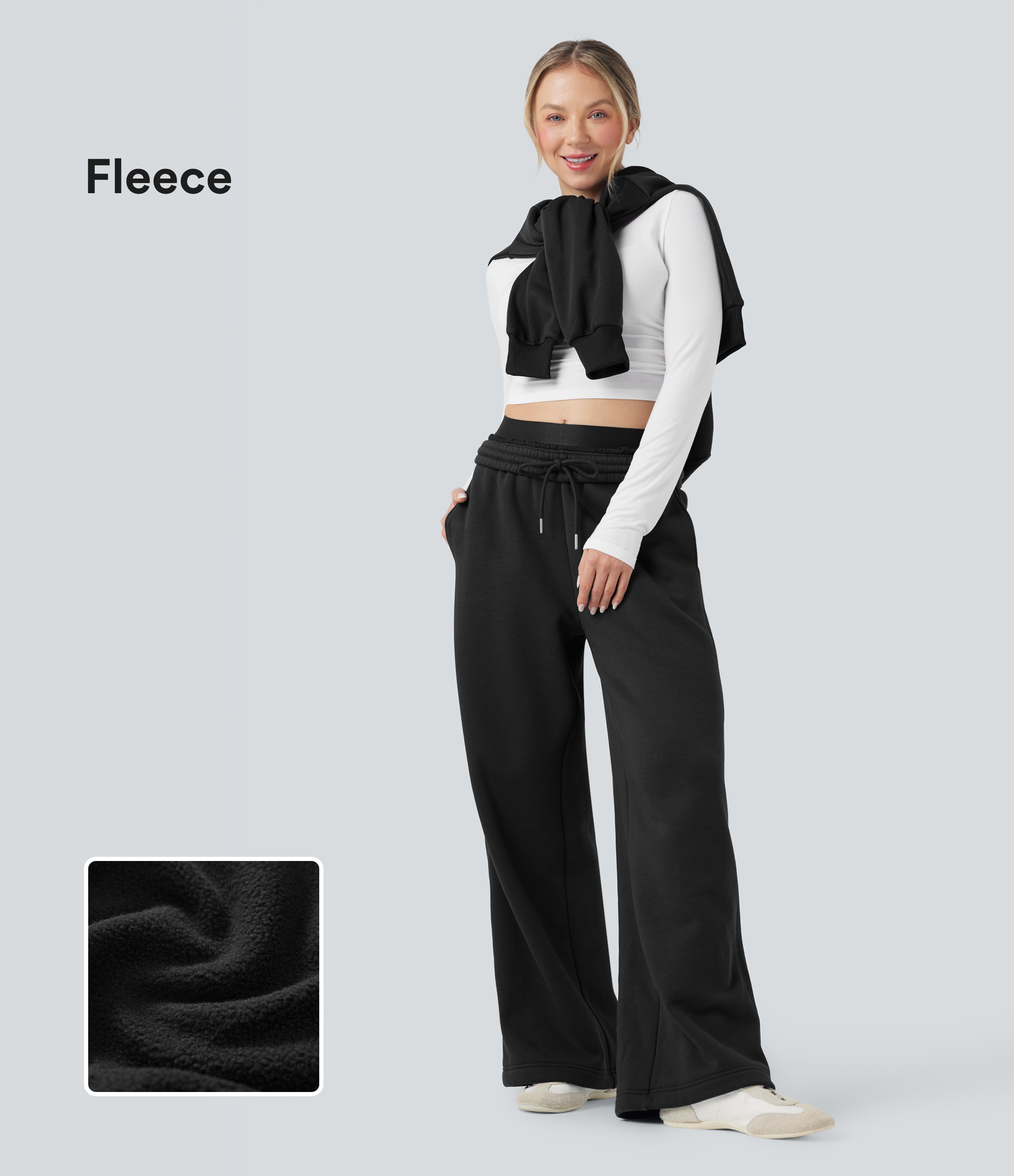 Black High Waisted Drawstring Wide Leg Fleece Casual Cotton Pants with Pockets / 1
