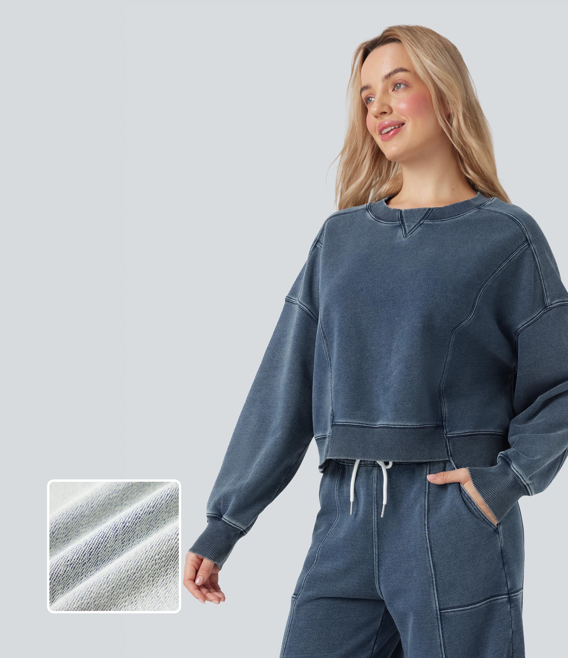 Sweat-shirt décontracté Halara Flex™ en molleton French Terry denim à col rond et manches longues