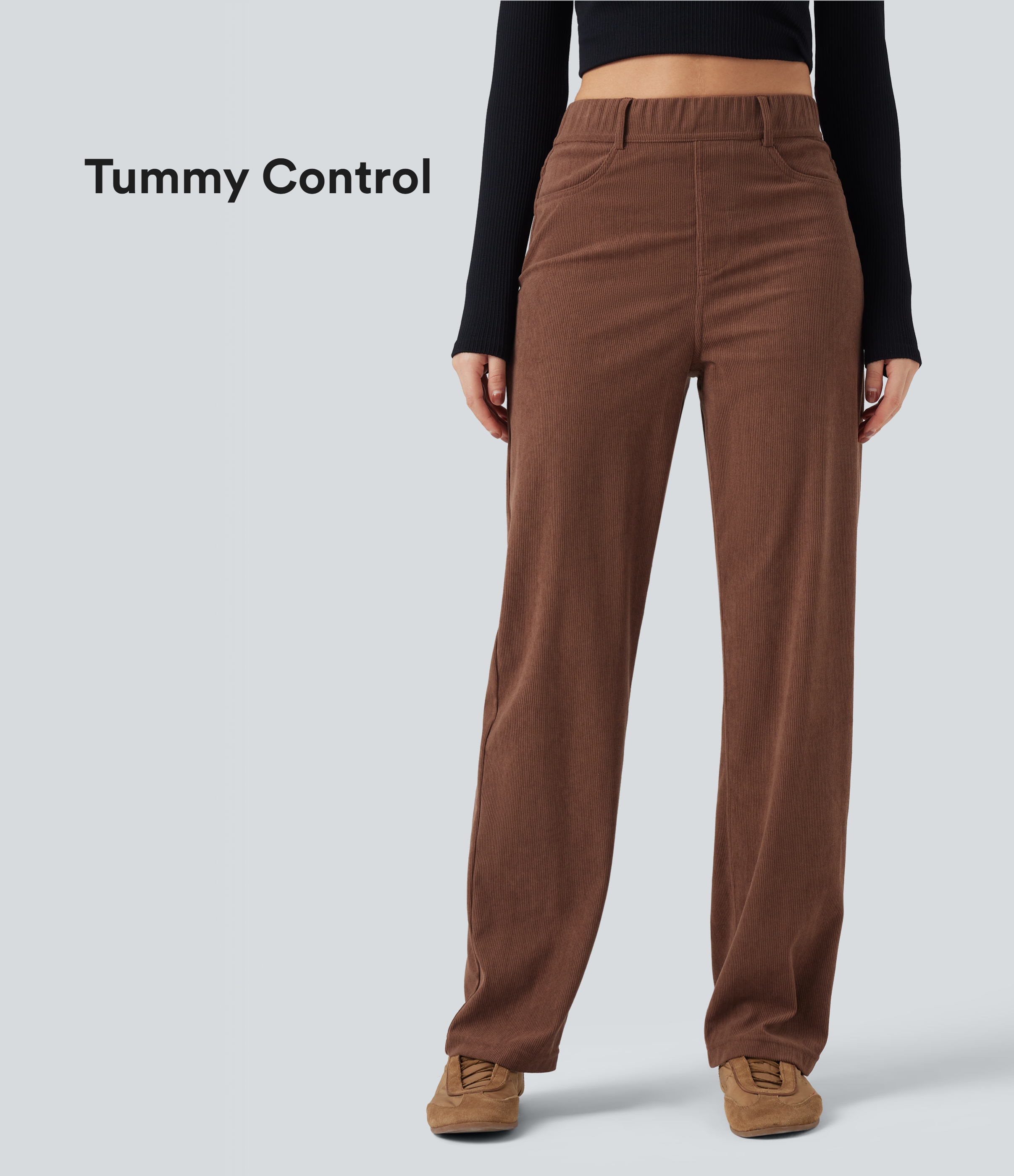 Pantalones casuales de pana con cintura alta, control de abdomen y pierna recta con bolsillos