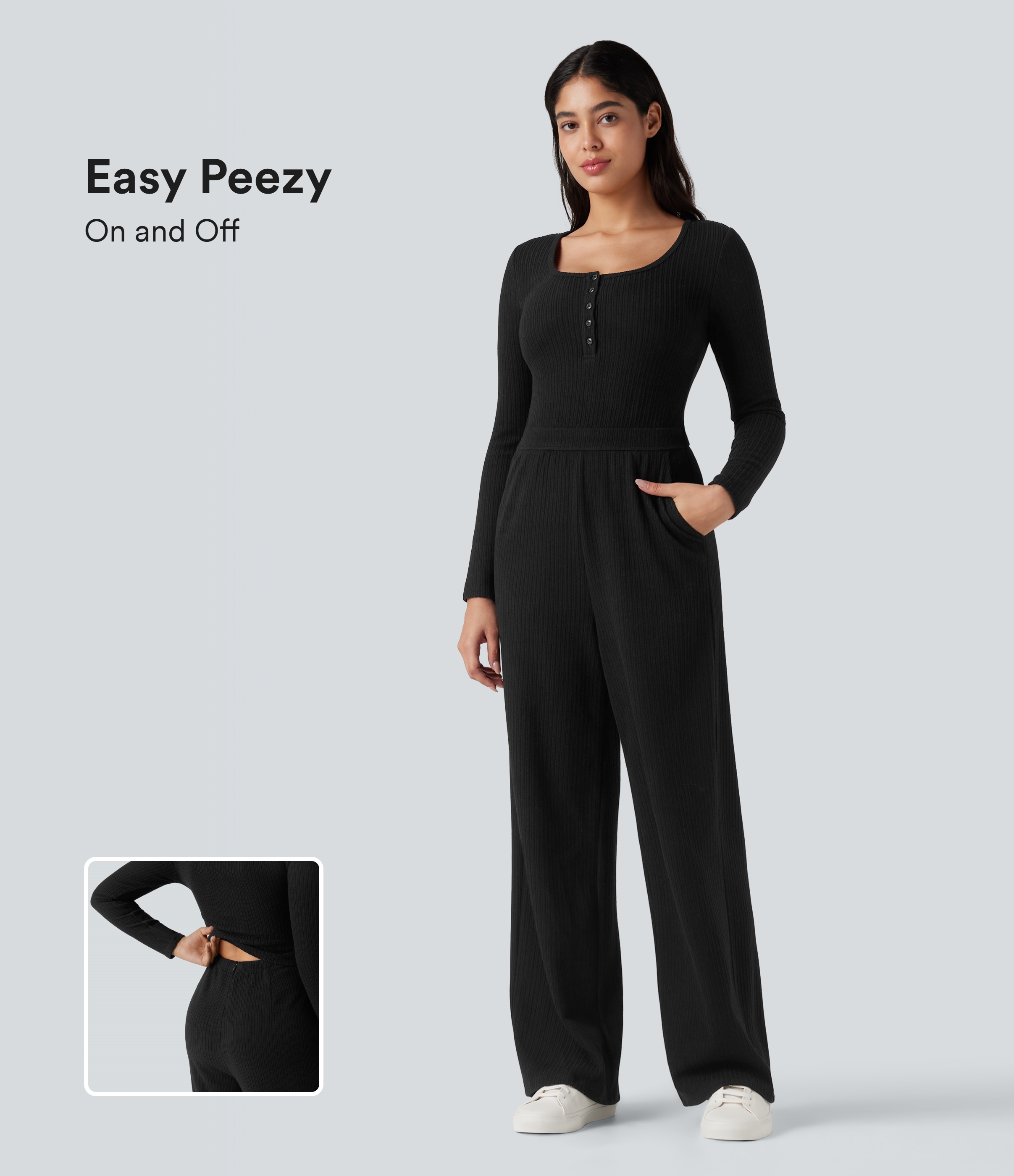 Ribbed Henley Long Sleeve Casual Jumpsuit with Pockets-Easy Peezy