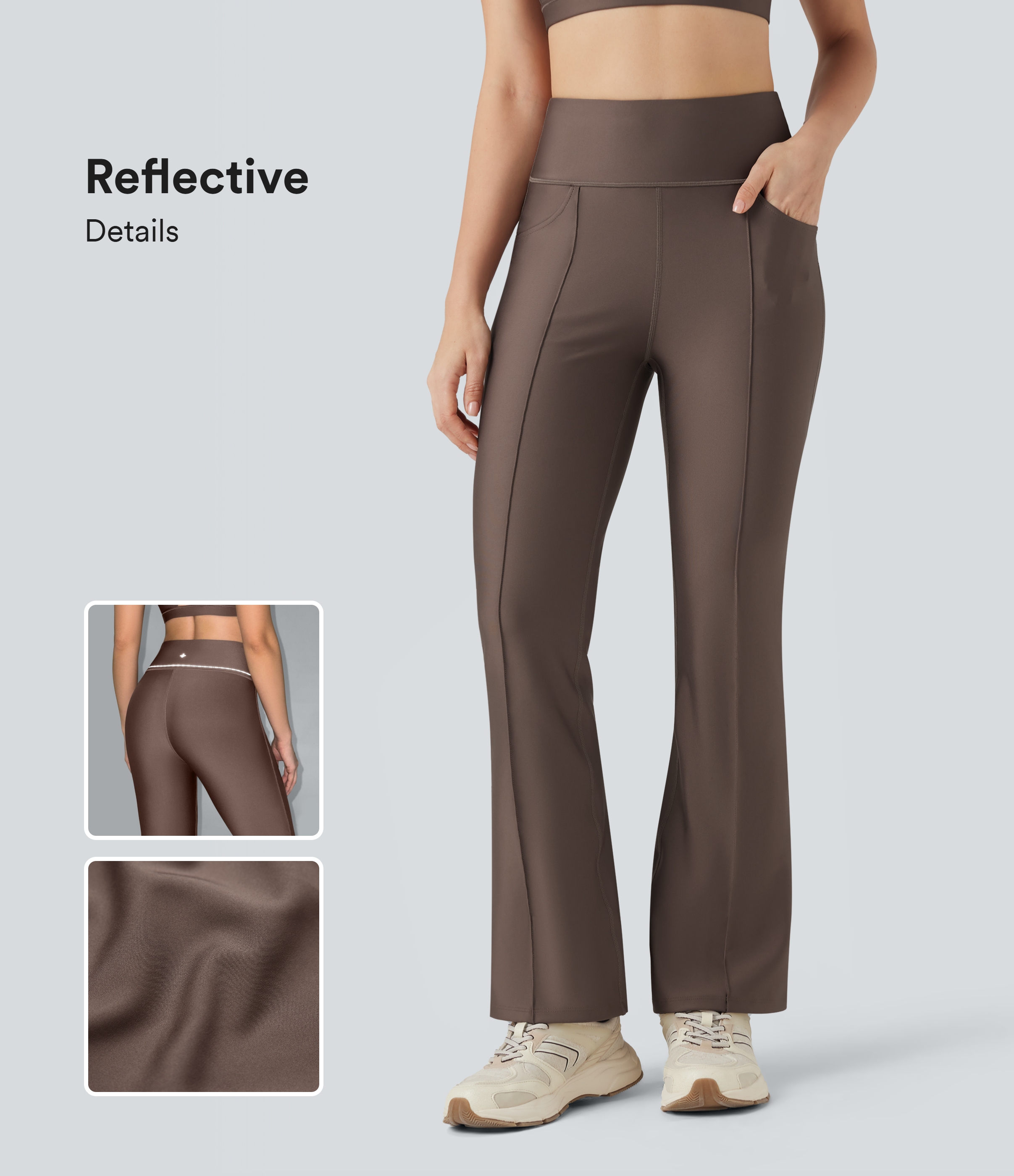 Bootcut-Trainingsleggings mit hohem Bund, Seitentaschen und reflektierender Linie