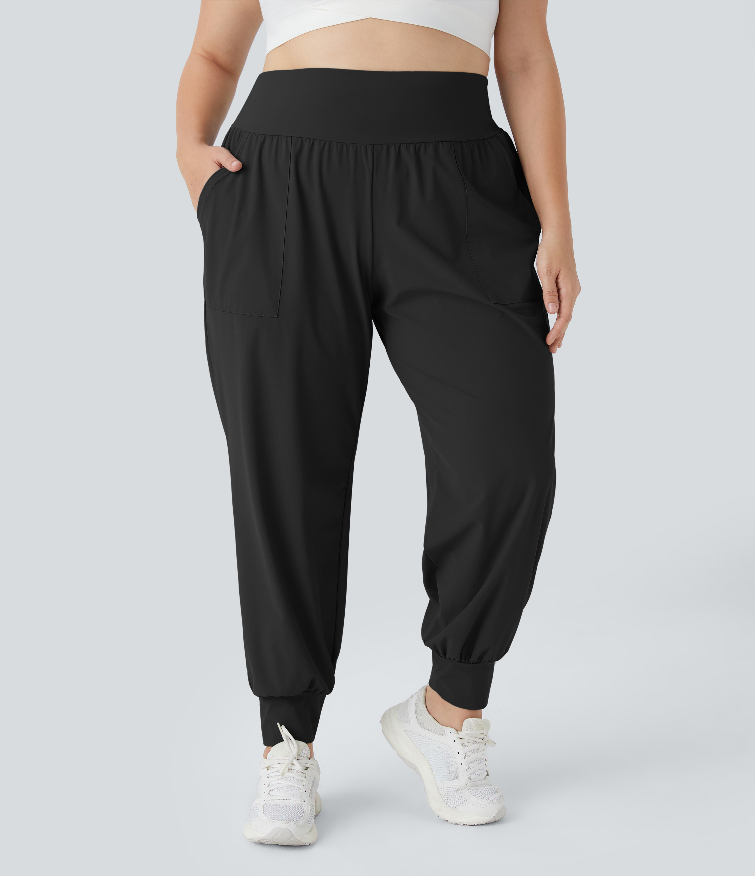 Negro Pantalón yoga tiro alto bolsillo lateral liso talla grande / 2