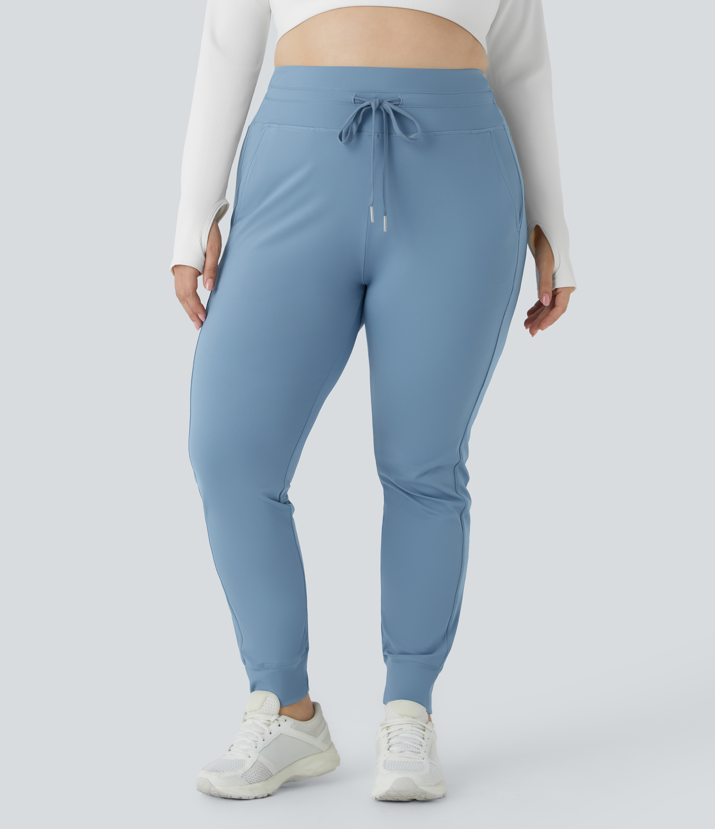 Blue Shadow Pantalón chándal Softlyzero™ Airy tiro alto bolsillo lateral cordón ajustable liso largo fresco tacto talla grande UPF 50+ / 2