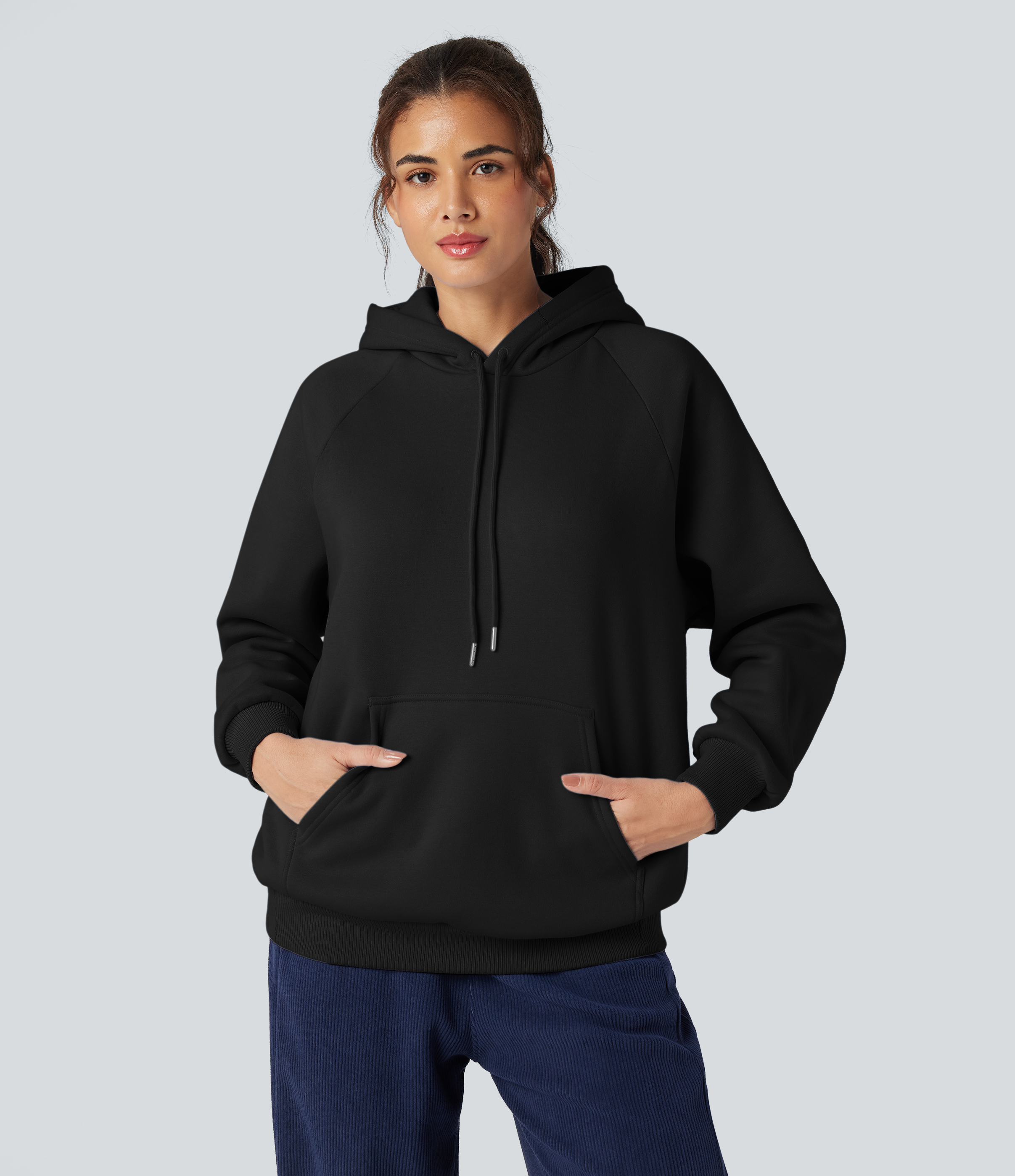 Black Sweat-shirt coton polaire à capuche cordon de serrage manches longues avec poches / 1