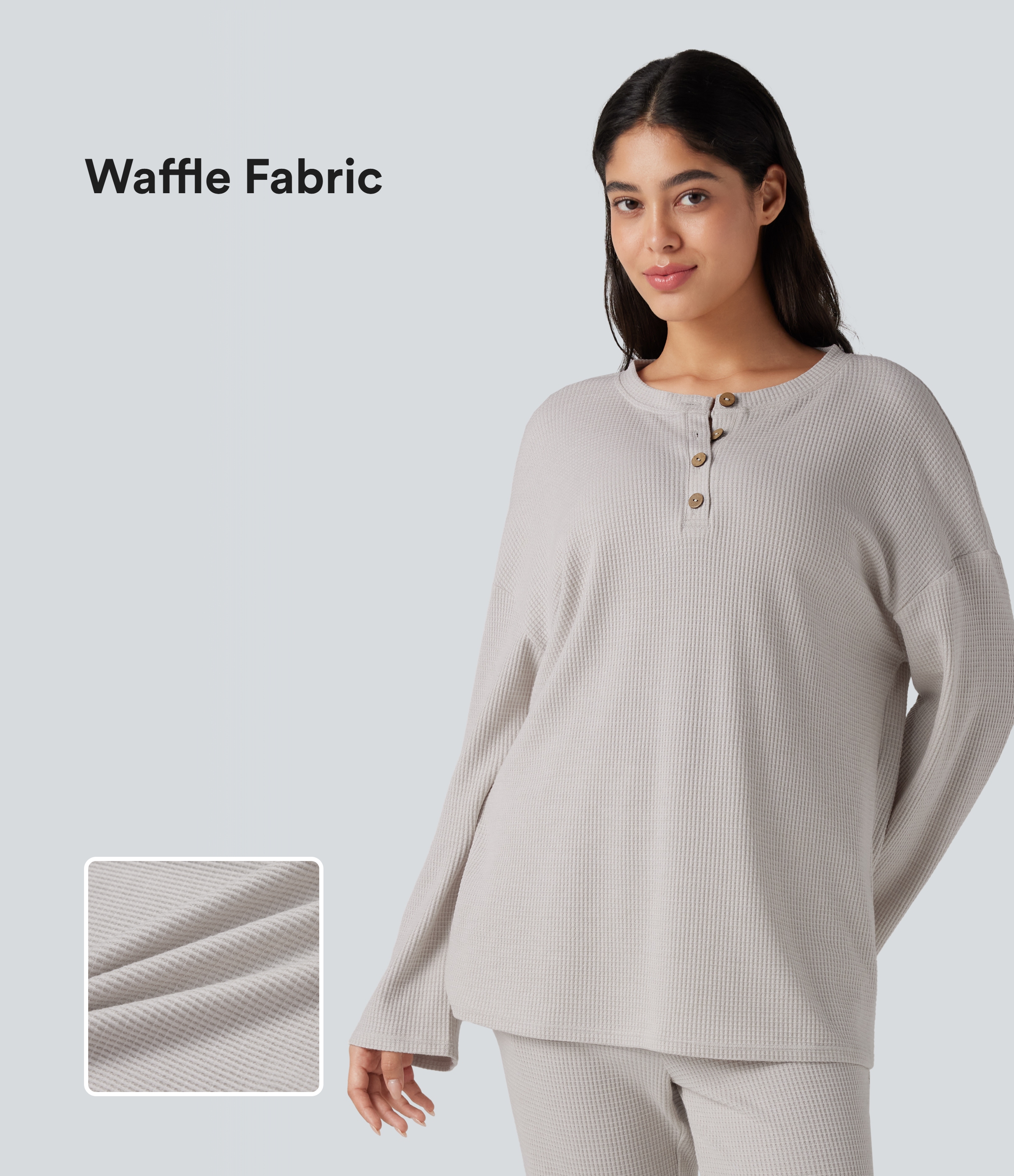 Henley Neck Long Sleeve Waffle Lounge Top