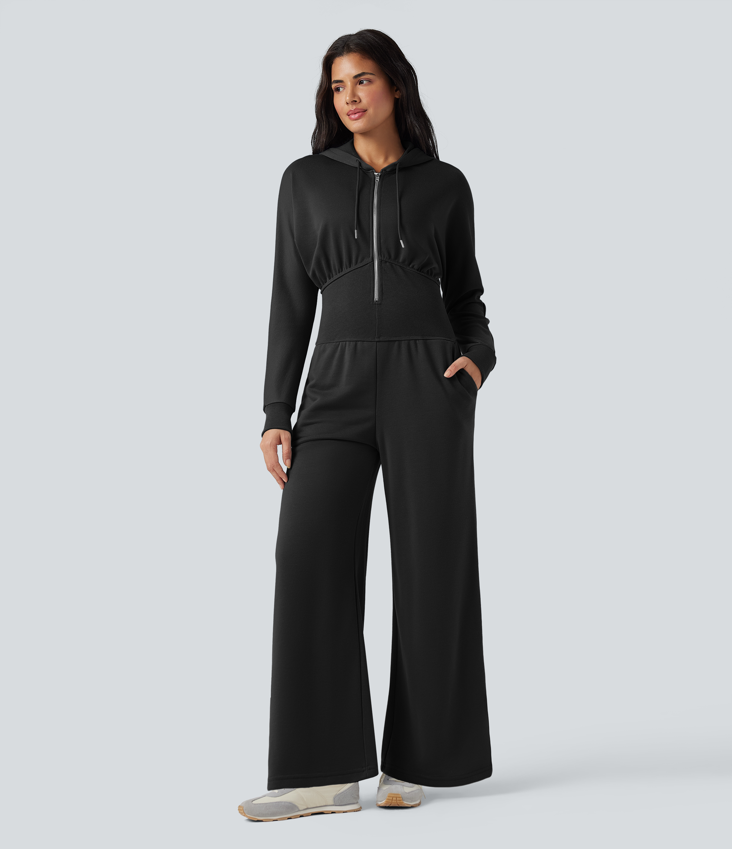Hooded Drawstring Long Sleeve Casual Jumpsuit with Pockets