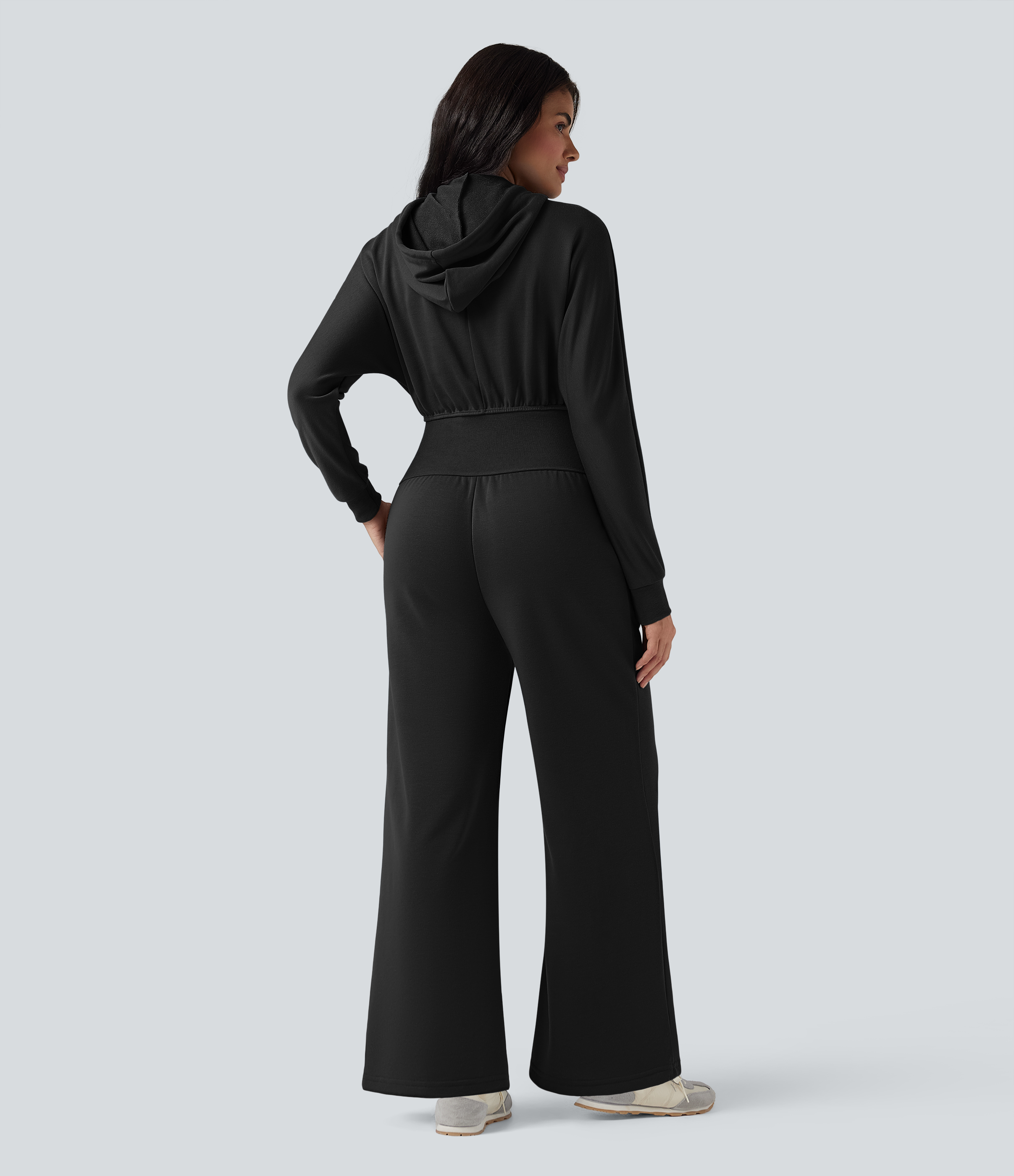 Negro Jumpsuit casual de manga larga con capucha y cordón ajustable con bolsillos / 2