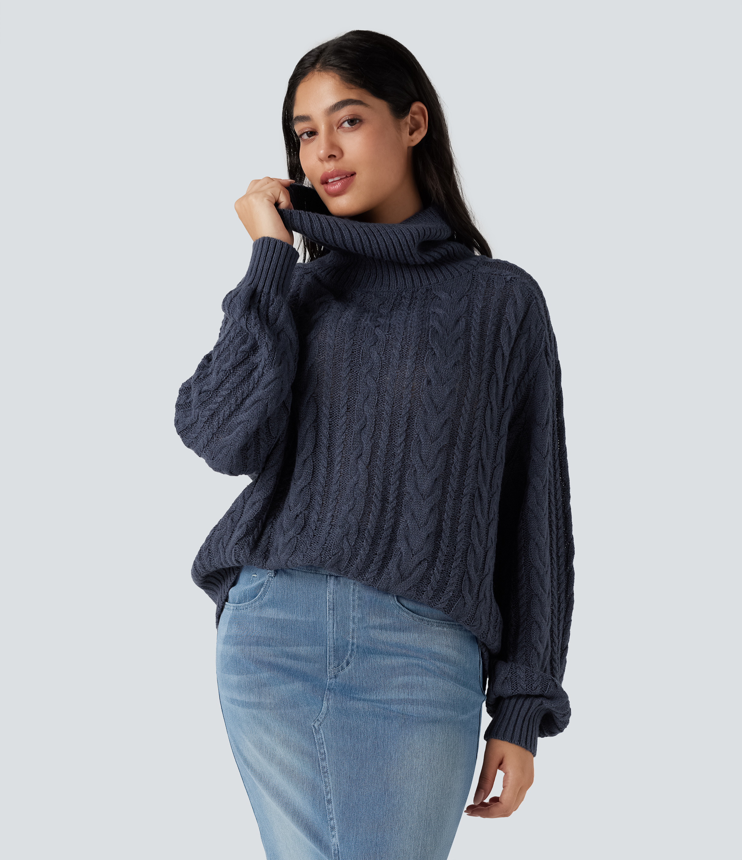 Always in a Mood - Dark Blue High Neck Long Sleeve Cable Knit Casual Jumper / 1