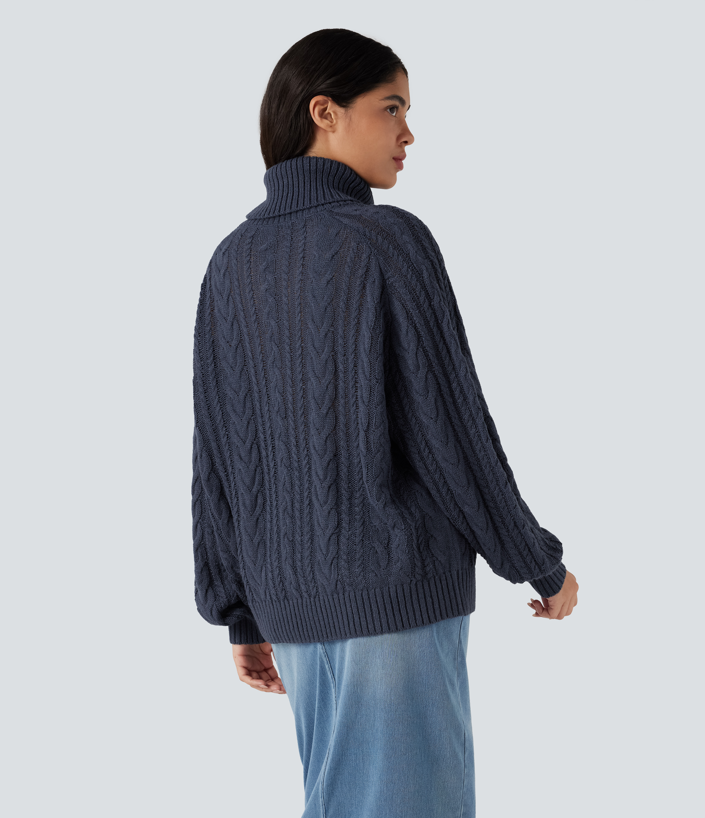 Always in a Mood - Dark Blue High Neck Long Sleeve Cable Knit Casual Jumper / 2