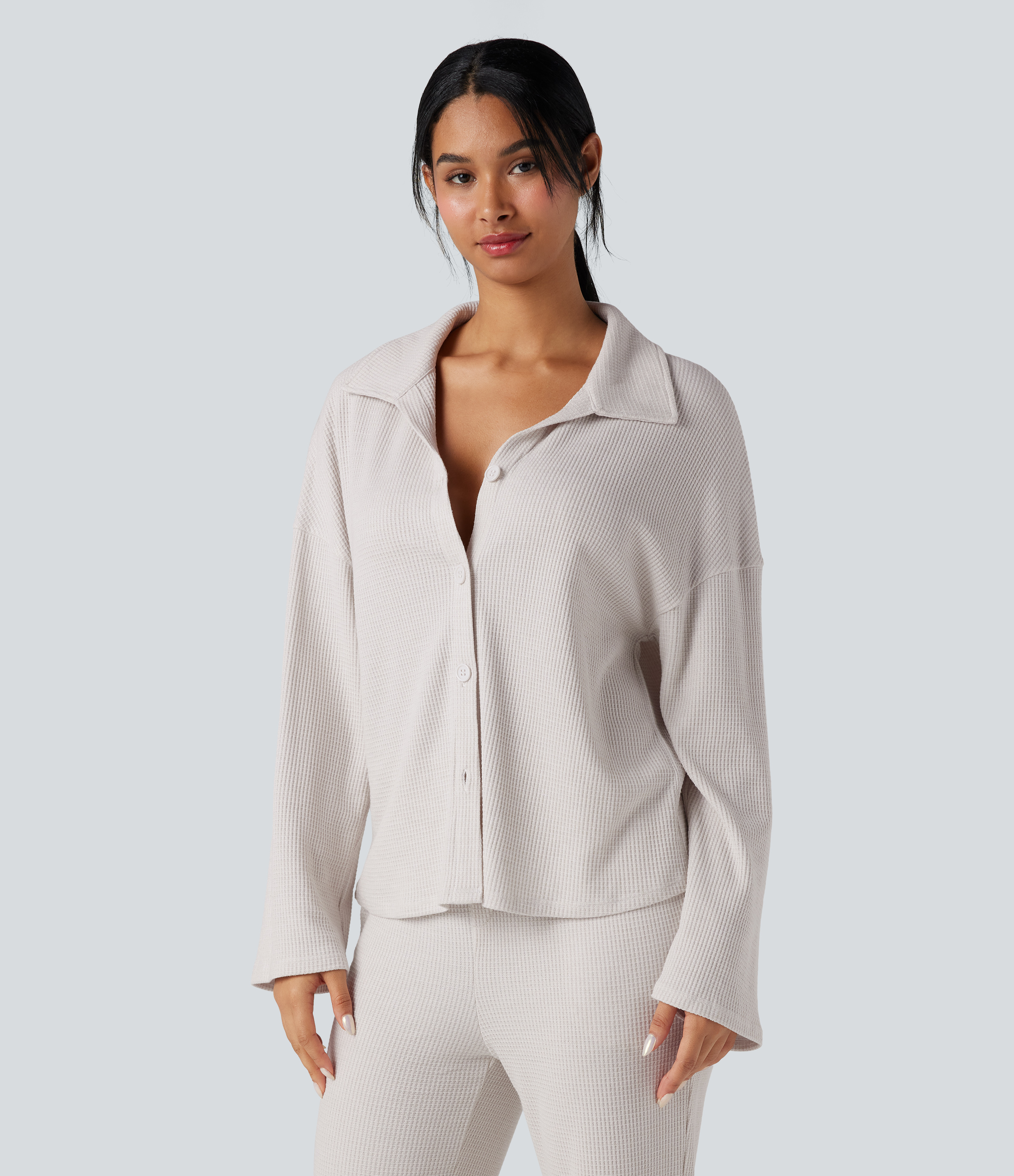 Top détente gaufré col tailleur manches longues boutonnage décontracté