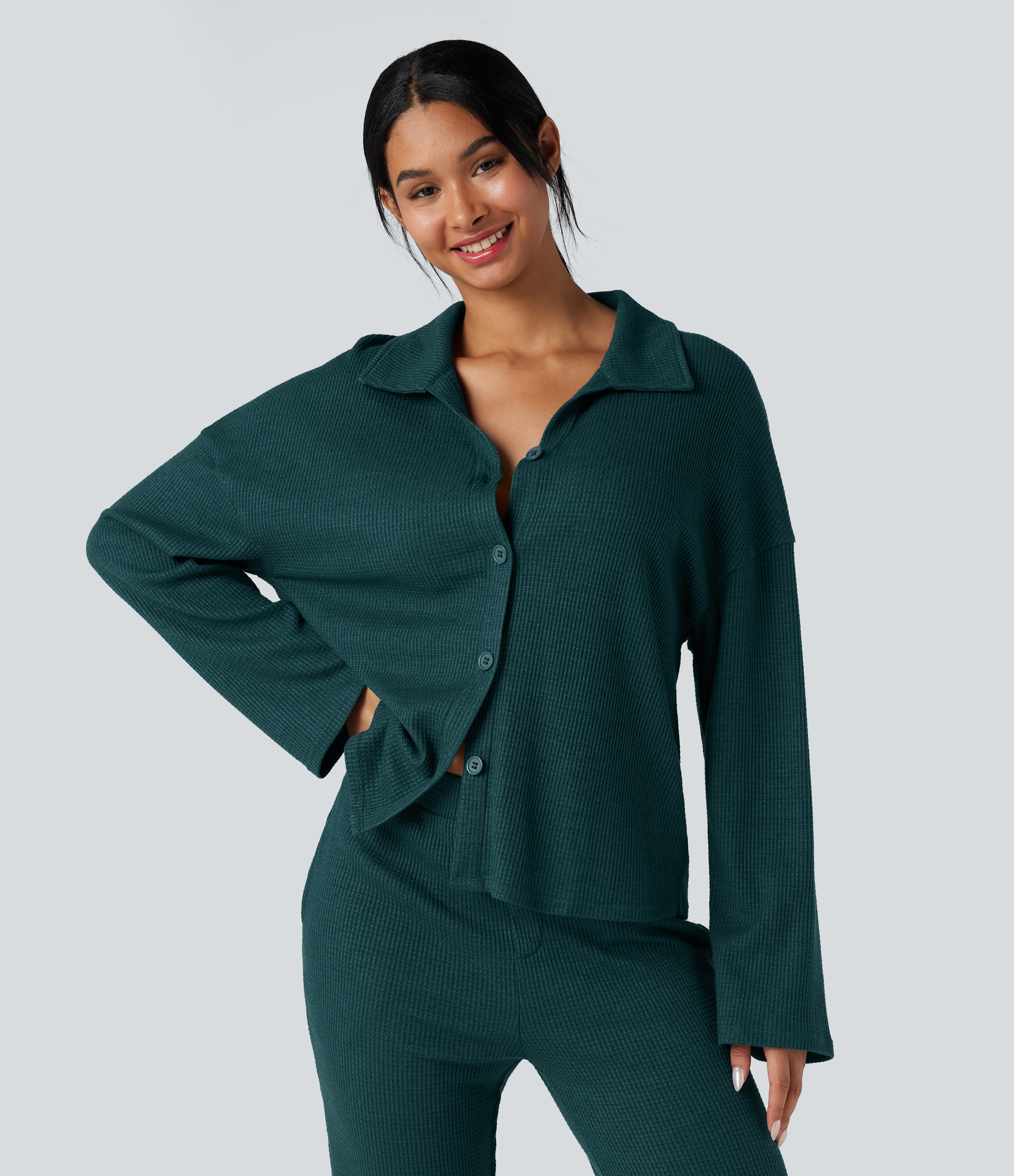 Lapel Long Sleeve Button Fly Relaxed Waffle Lounge Top