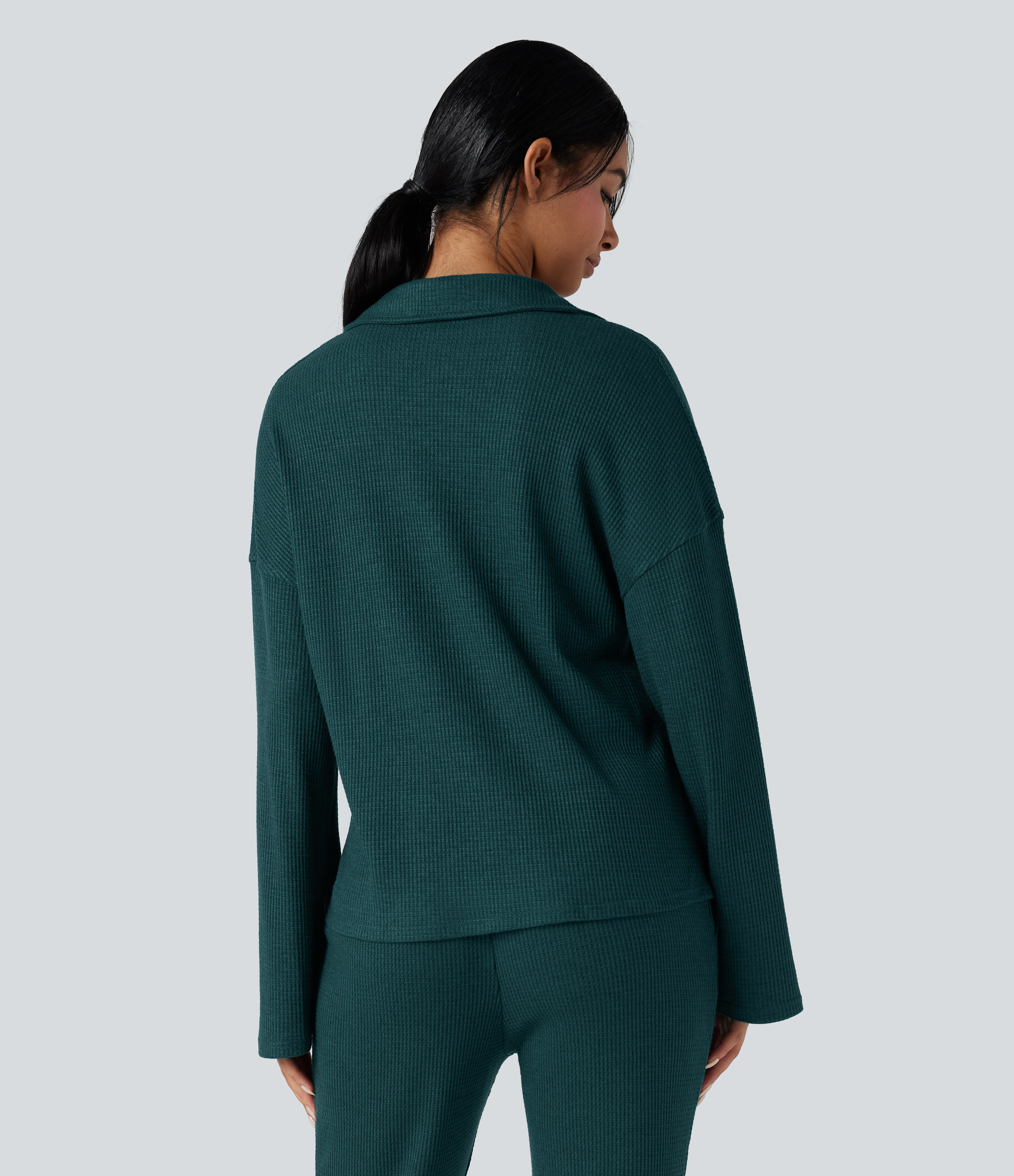 Dark Sea Lapel Long Sleeve Button Fly Relaxed Waffle Lounge Top / 2