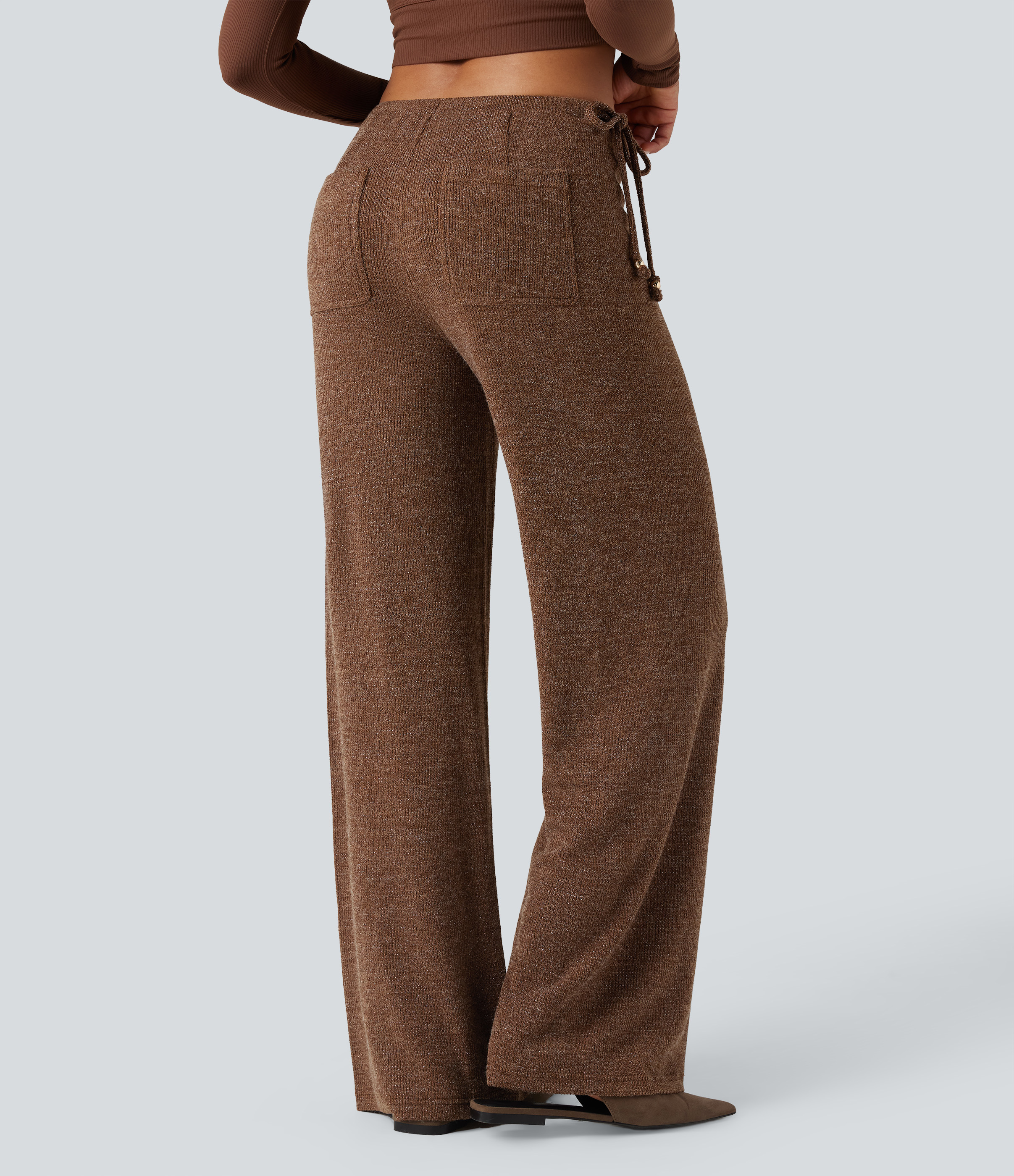 Cocoa Light Brown Ribbed Knit Sparkle Mid Rise Drawstring Wide Leg Casual Pants with Pockets / 2