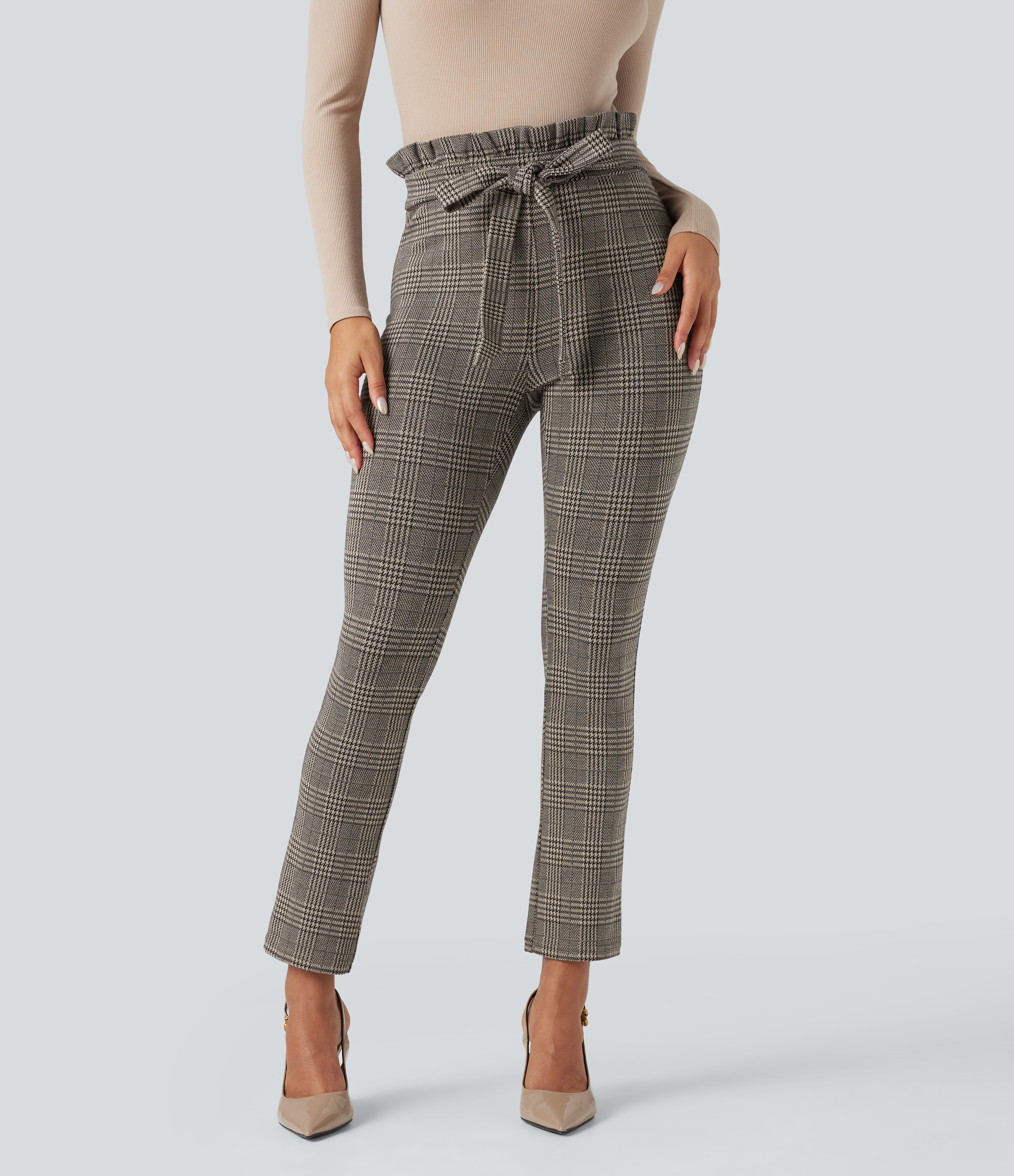 Halara Flex™ Paper Bag High Waisted Tie Houndstooth Plaid Work Skinny Trousers with Pockets
