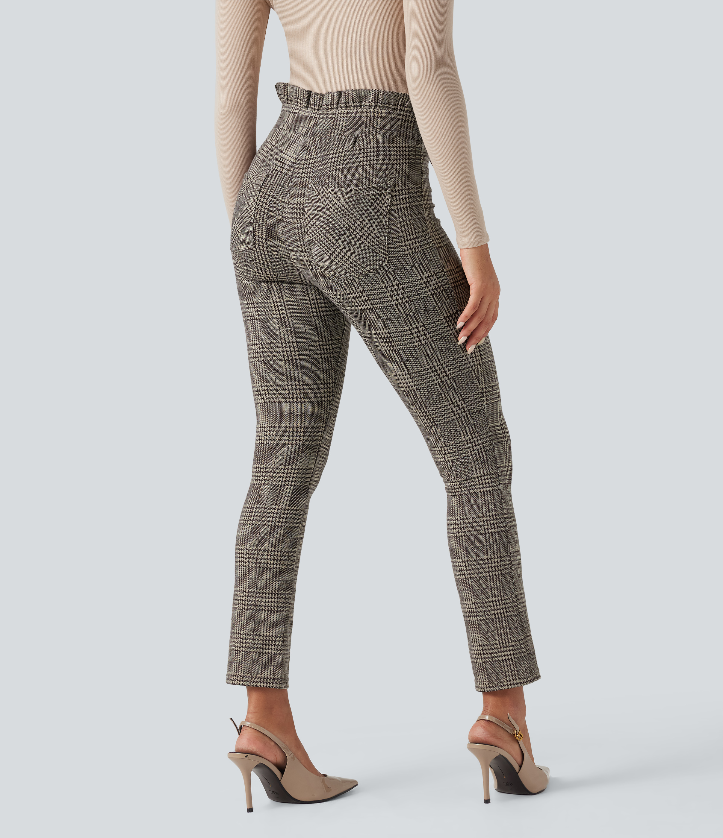 Brown Houndstooth Plaid Pantalon tailleur skinny Halara Flex™ paper bag pied-de-poule carreaux taille haute à nœud avec poches / 2