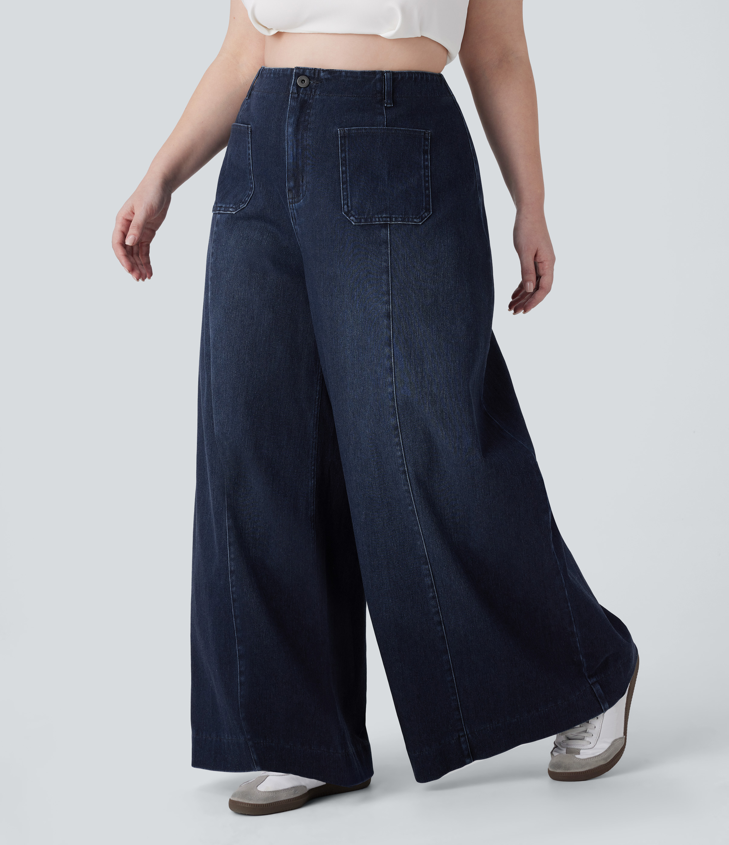 Halara Flex™ High Waisted Pockets Washed Casual Wide Leg Plus Size Jeans