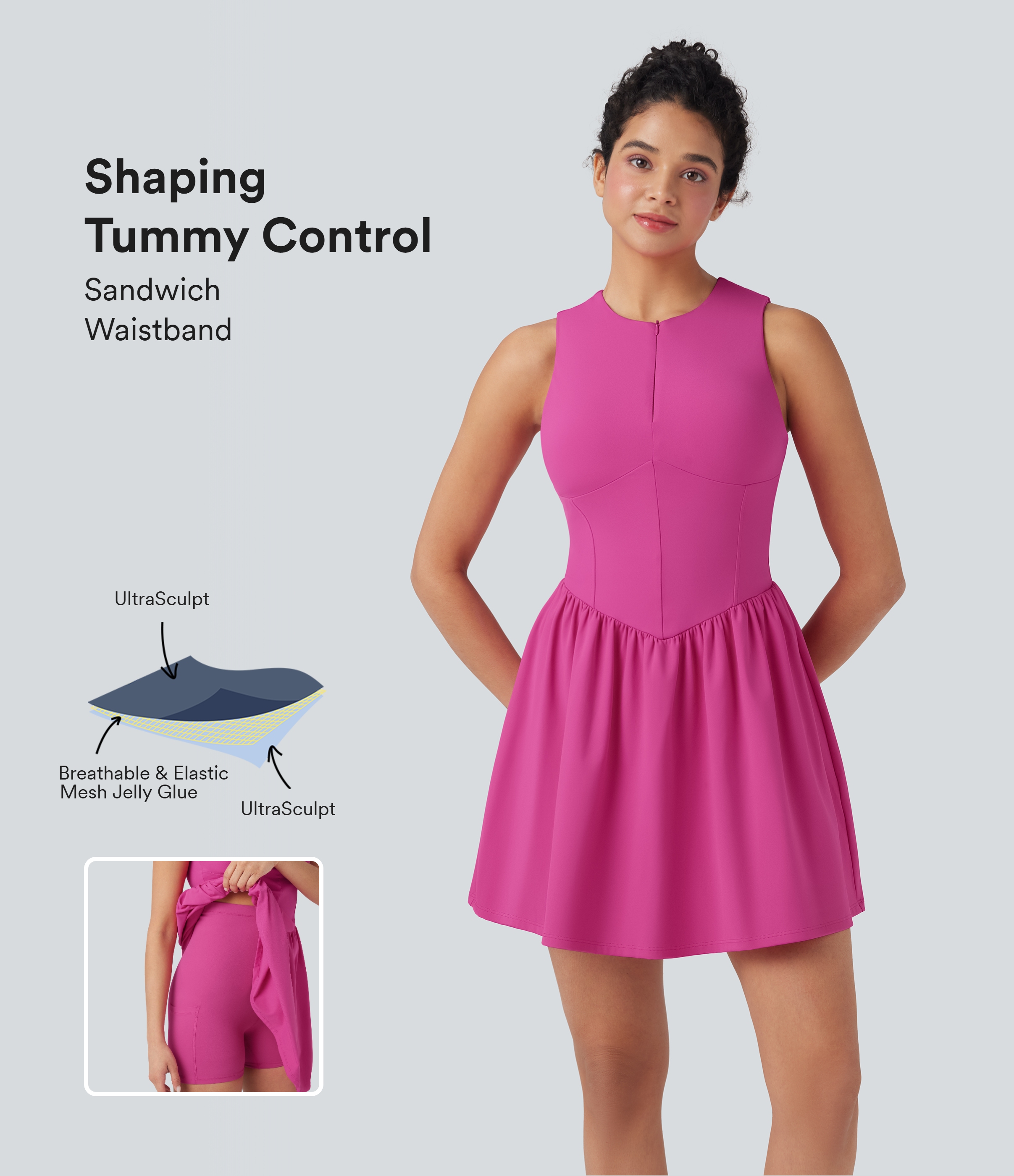 Halara – Softlyzero™ Airy SoCinched-Mini-Tennis-Aktivkleid mit halbem Reißverschluss und bauchwegsformenden Shorts – Fuchsia Fedora – XS