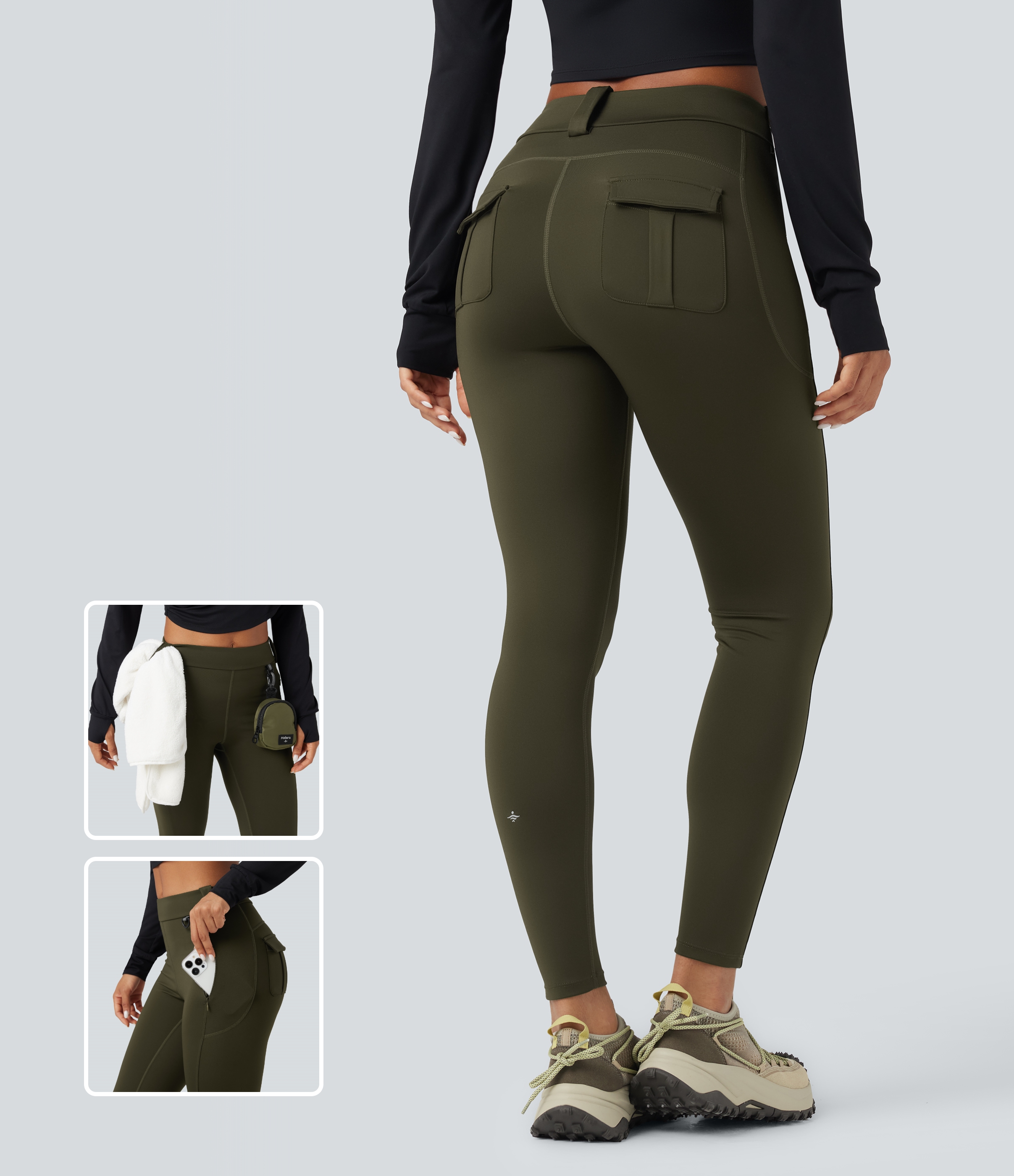 Wear-Resistant Mid Rise Cargo Hiking Leggings with Pockets