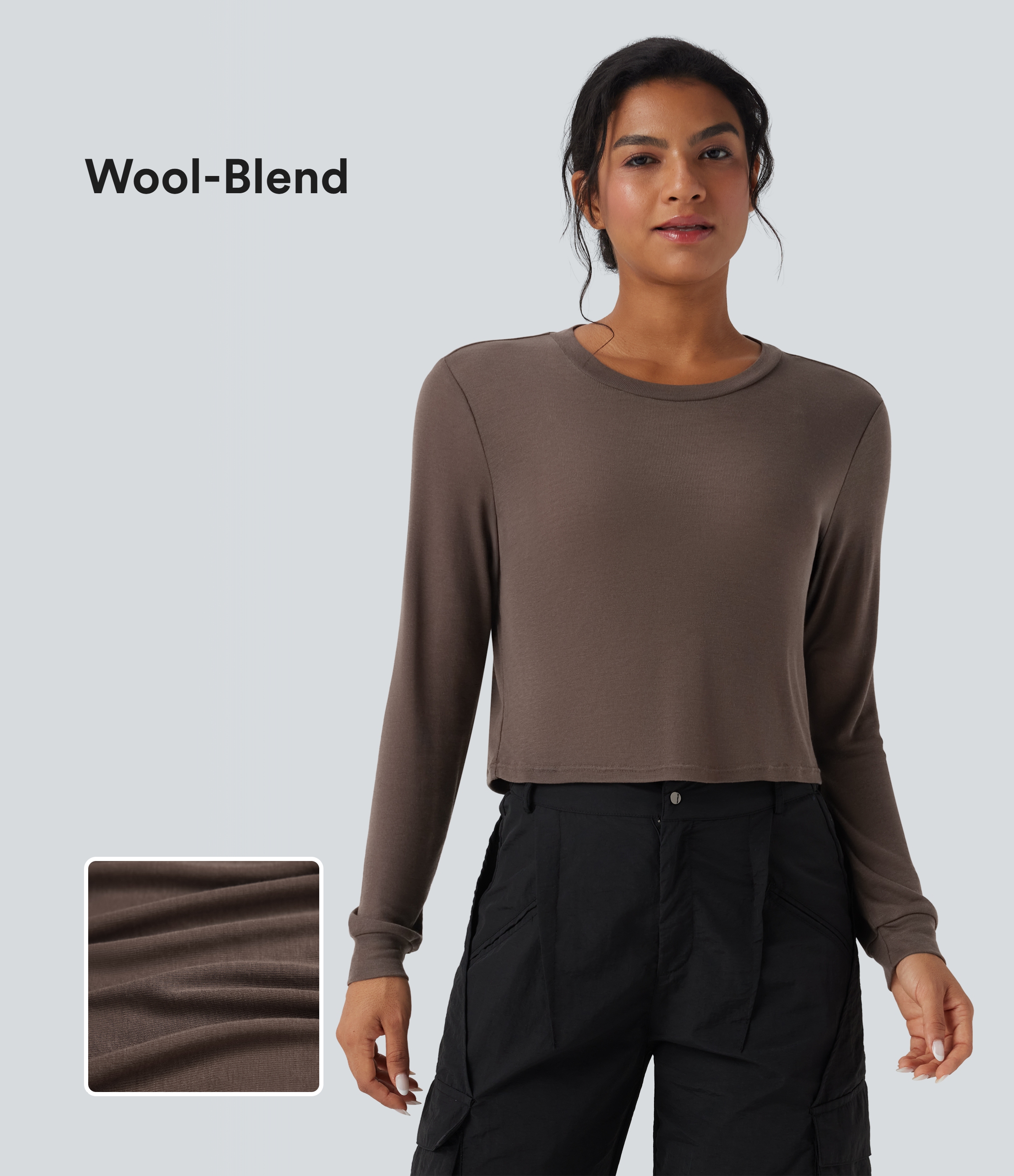Coffee Quartz Top casual de lana con cuello redondo y manga larga / 1