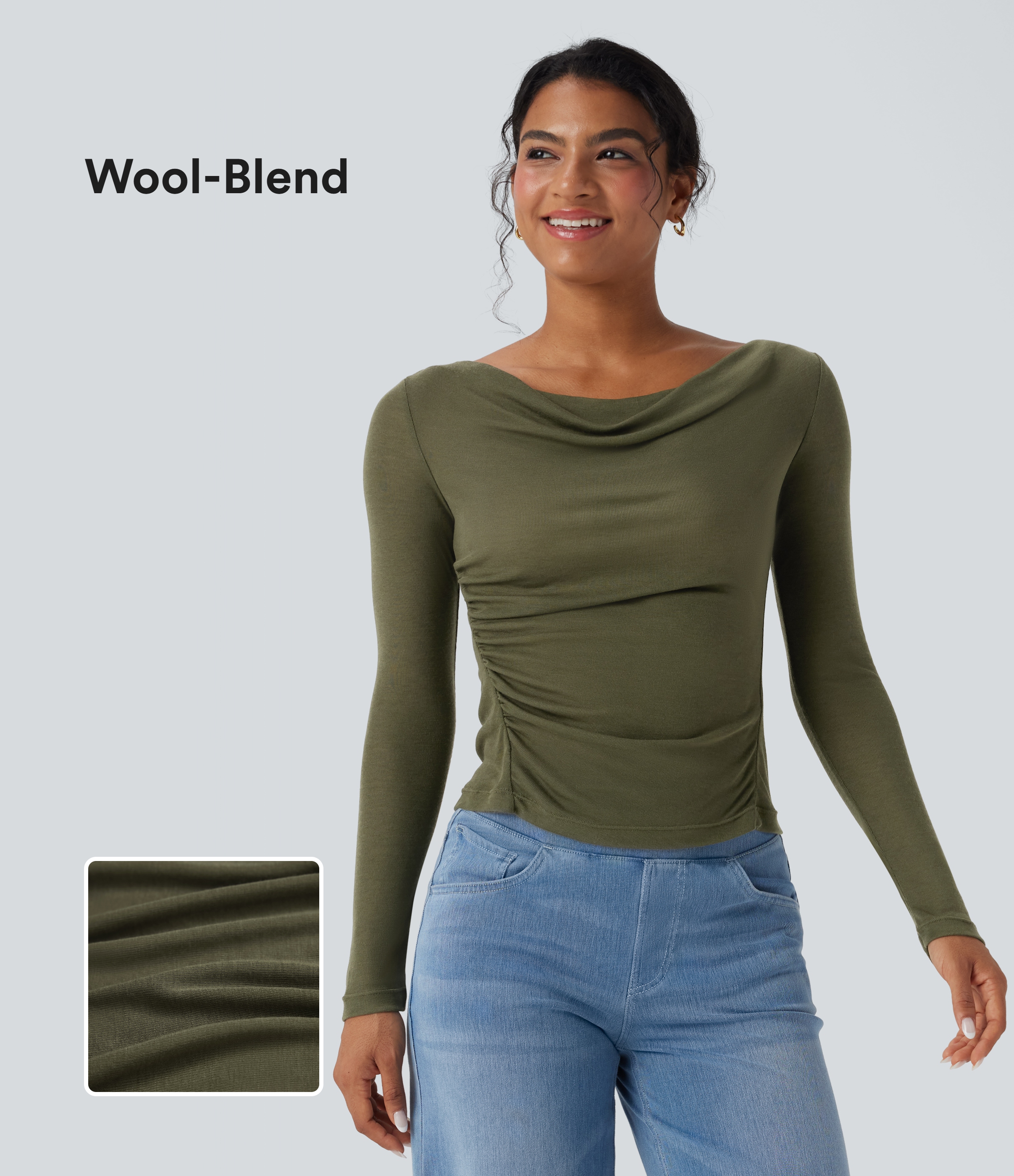 Cowl Neck Long Sleeve Ruched Casual Wool-Blend Top