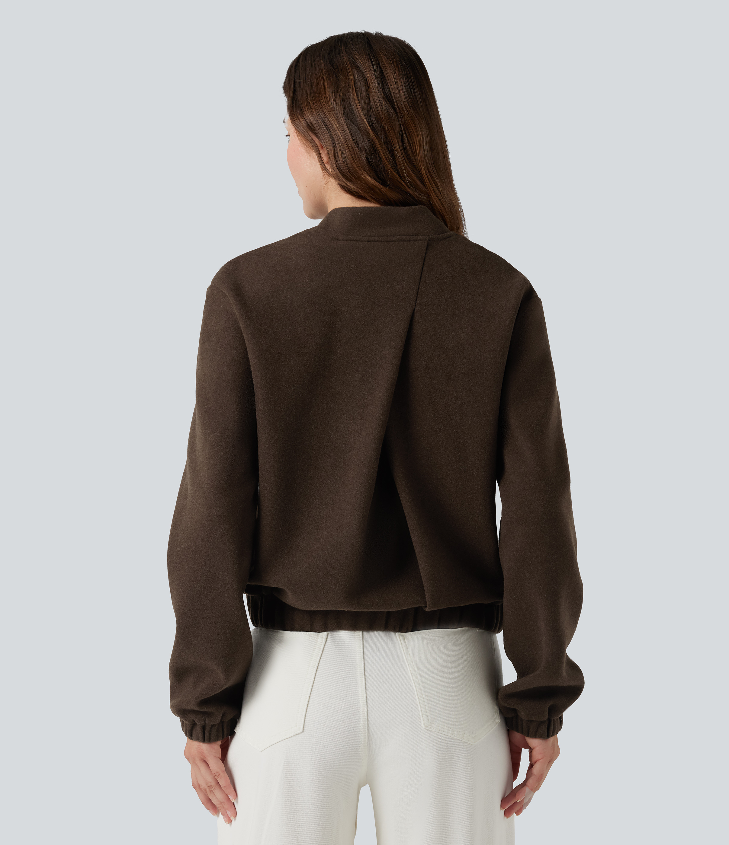  Espresso Brown Crossover Back Long Sleeve Fleece Casual Jacket with Pockets / 2
