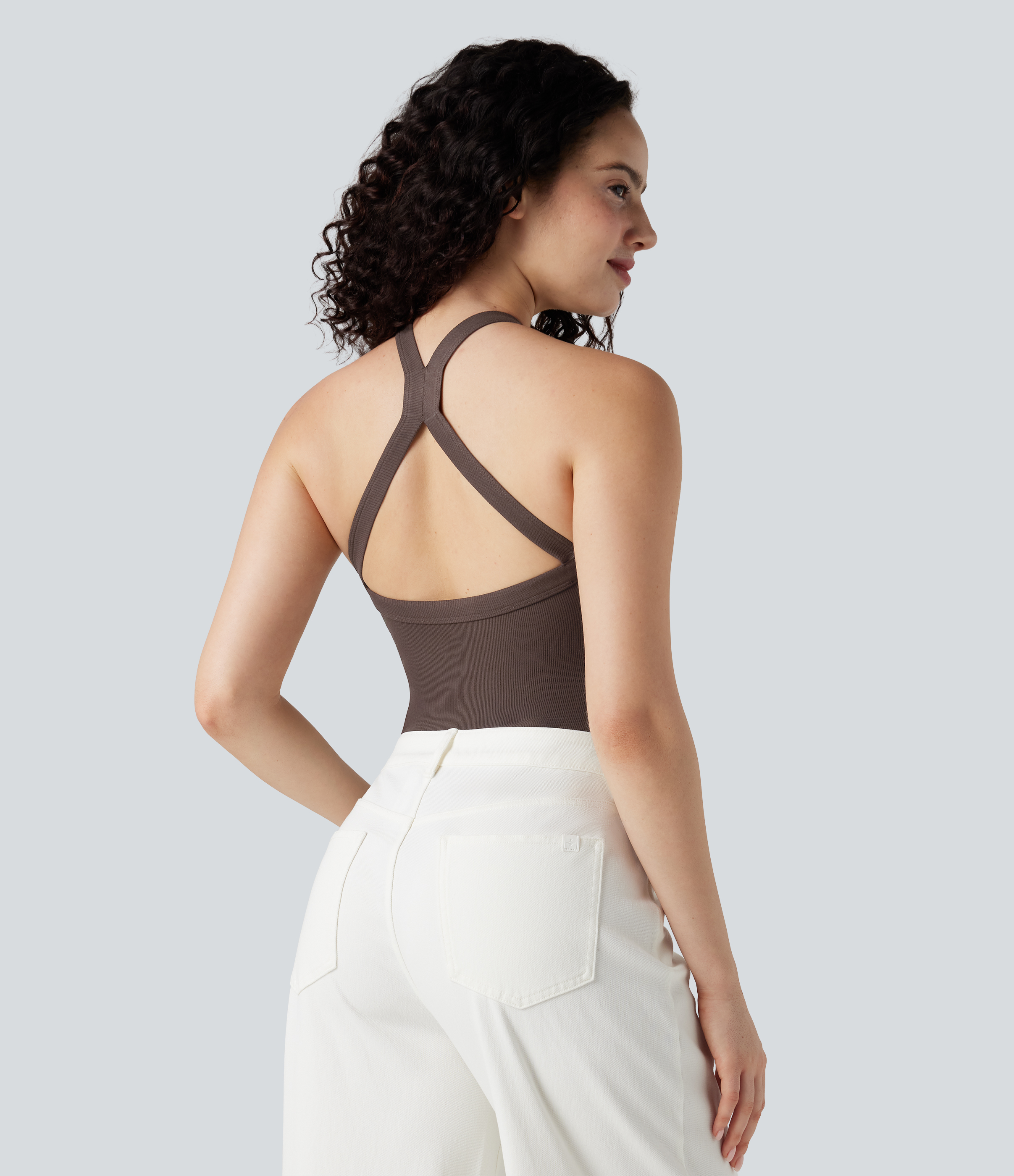 Java Body acanalado con espalda de tiras cruzadas, escote en V, sin mangas, entallado y de estilo casual / 2