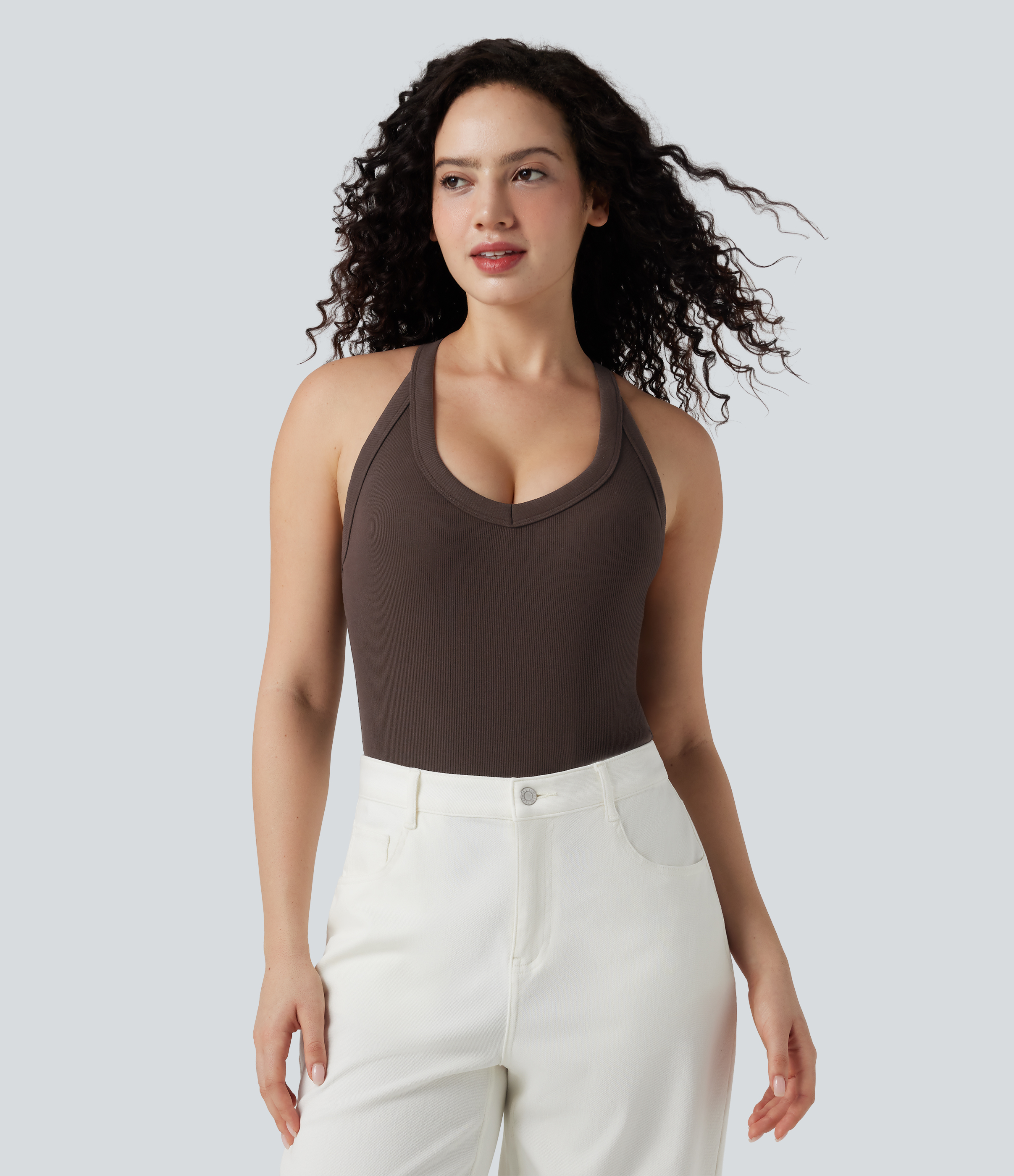 Java Body acanalado con espalda de tiras cruzadas, escote en V, sin mangas, entallado y de estilo casual / 1
