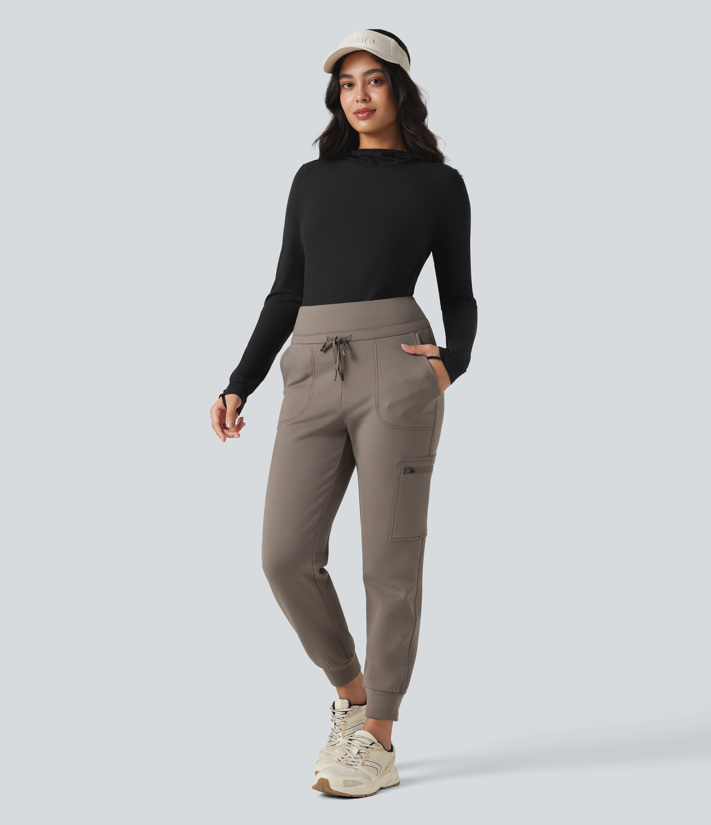 High Waisted Drawstring Tapered Fleece Hiking Joggers with Pockets