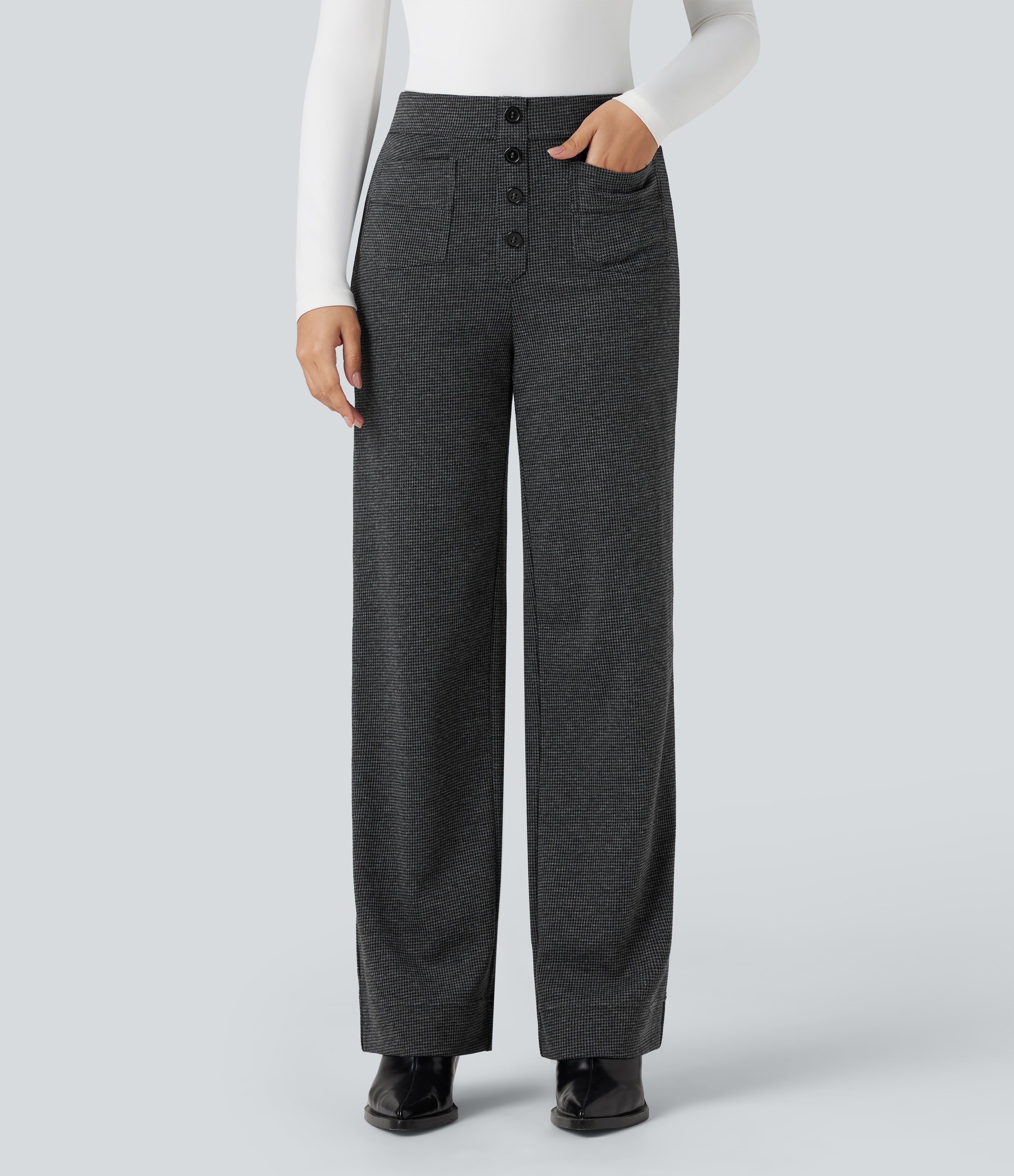 Pantalon de travail taille haute à motif pied-de-poule, coupe droite, avec poches
