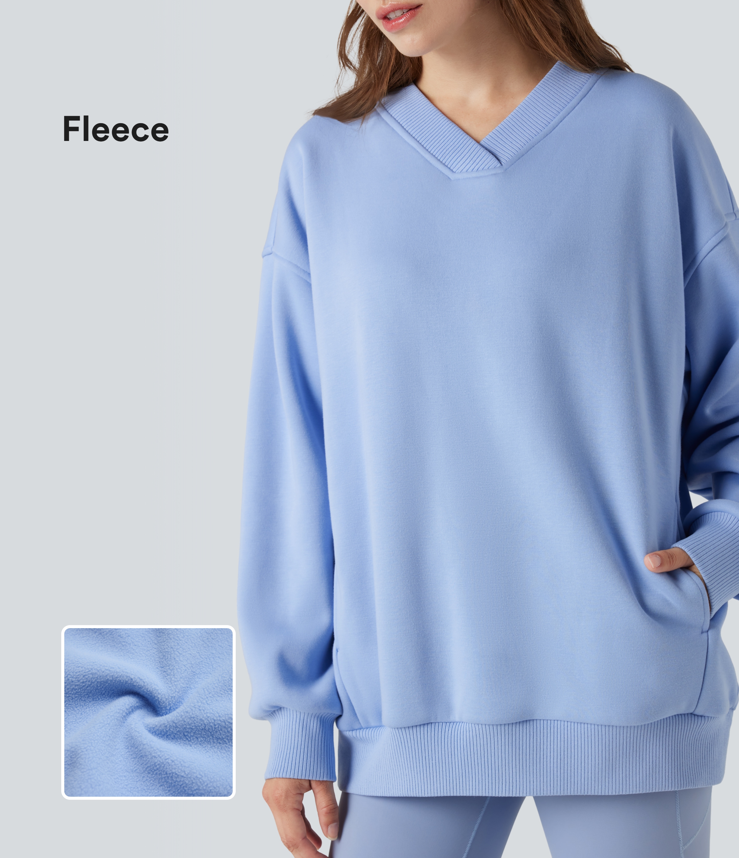 V Neck Long Sleeve Fleece Casual Cotton Sweatshirt with Pockets