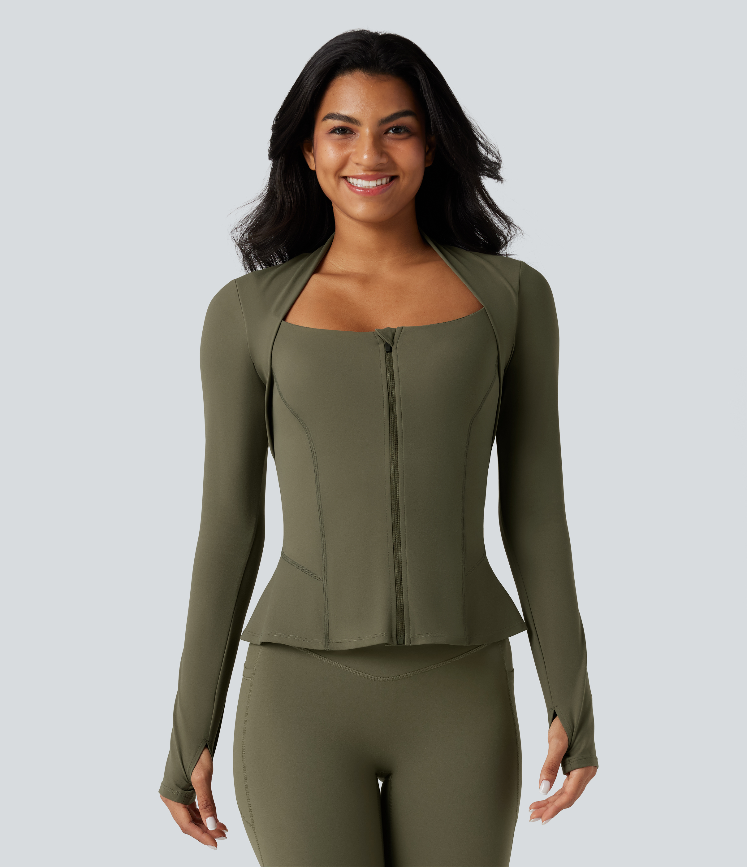 Halara UltraSculpt™ Push-Up Long Sleeve Thumb Hole Zipper Ruffle Hem Yoga Curvy Jacket