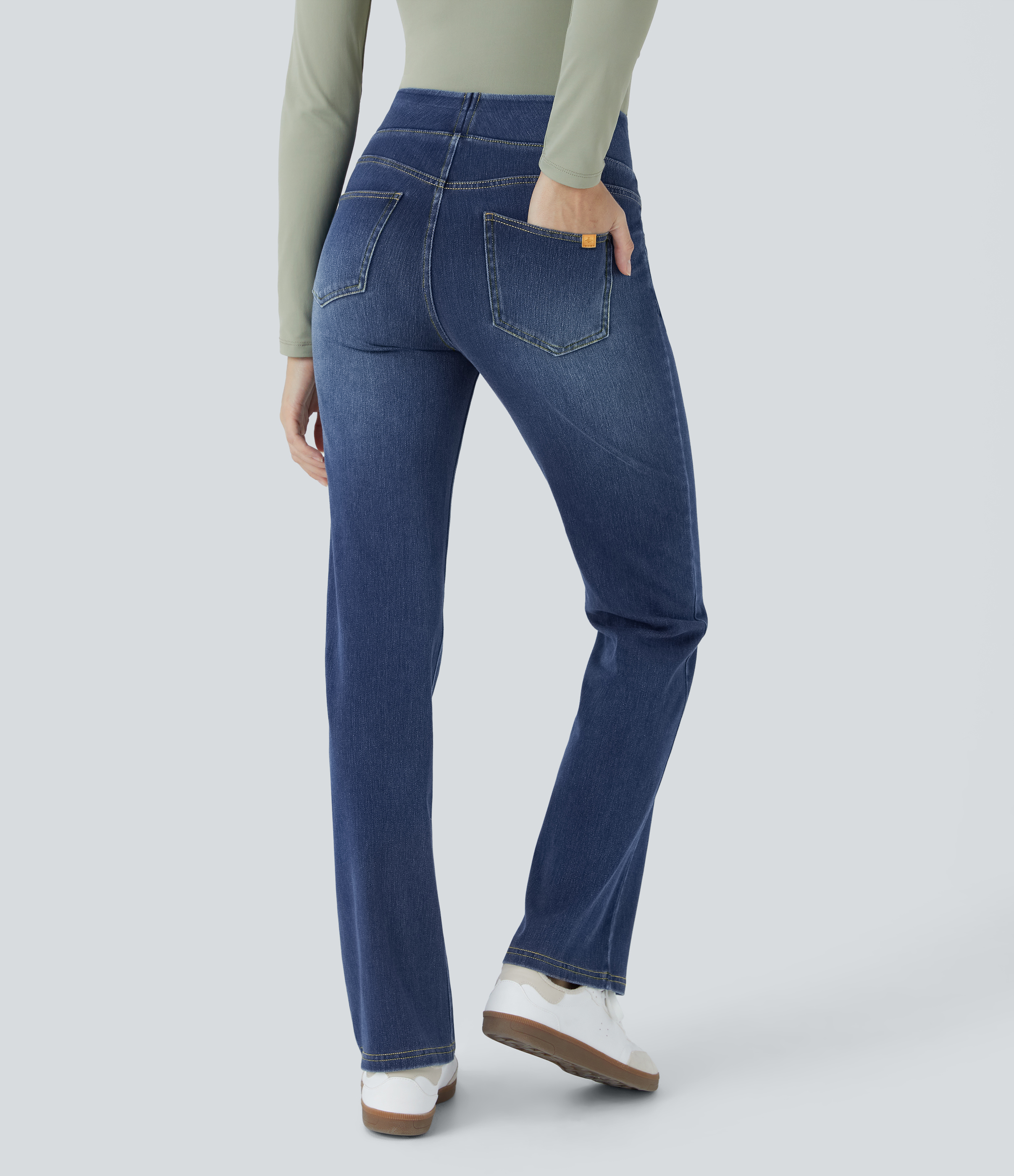 Bright Blue Denim Jeans Halara Flex™ Denim tiro alto lavado elástico múltiple bolsillo corte acampanado / 2