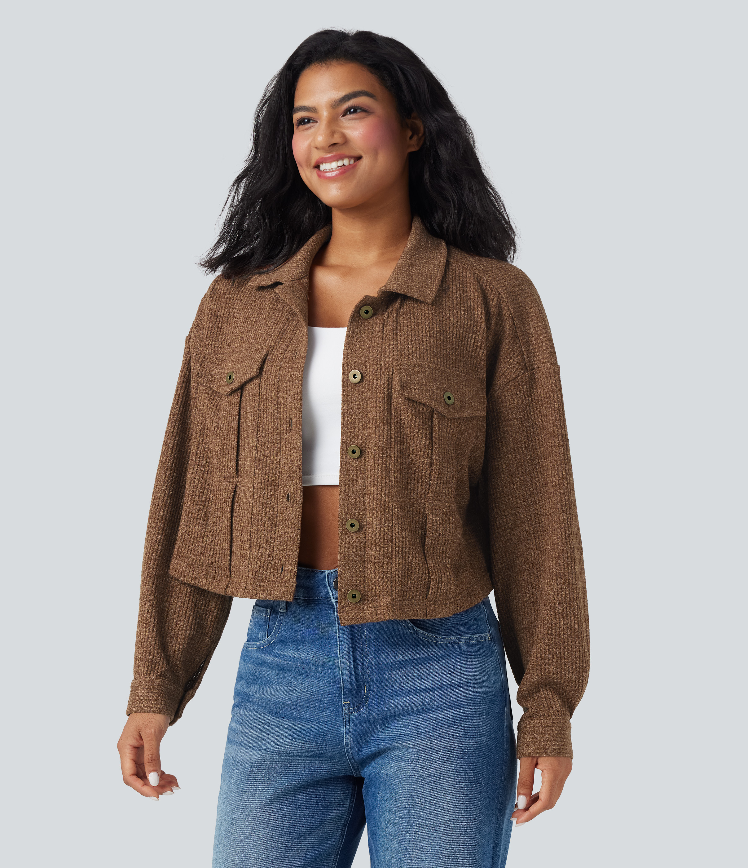 Veste décontractée maille gaufrée manches longues avec poches