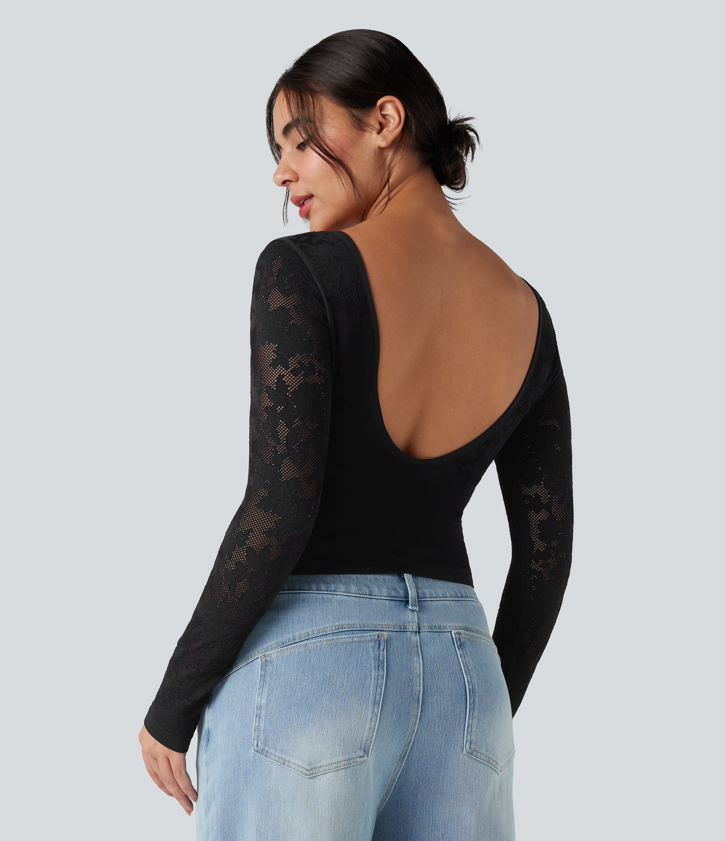 Haut de sport col U dos nu jacquard à manches longues sans couture OneForm Seamless Flow
