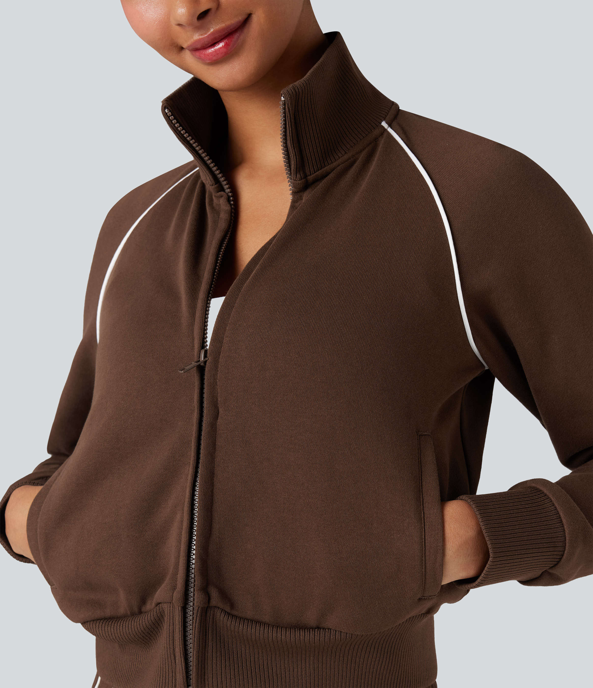 Stand Collar Long Sleeve Color Block Casual Cotton Sweatshirt with Pockets